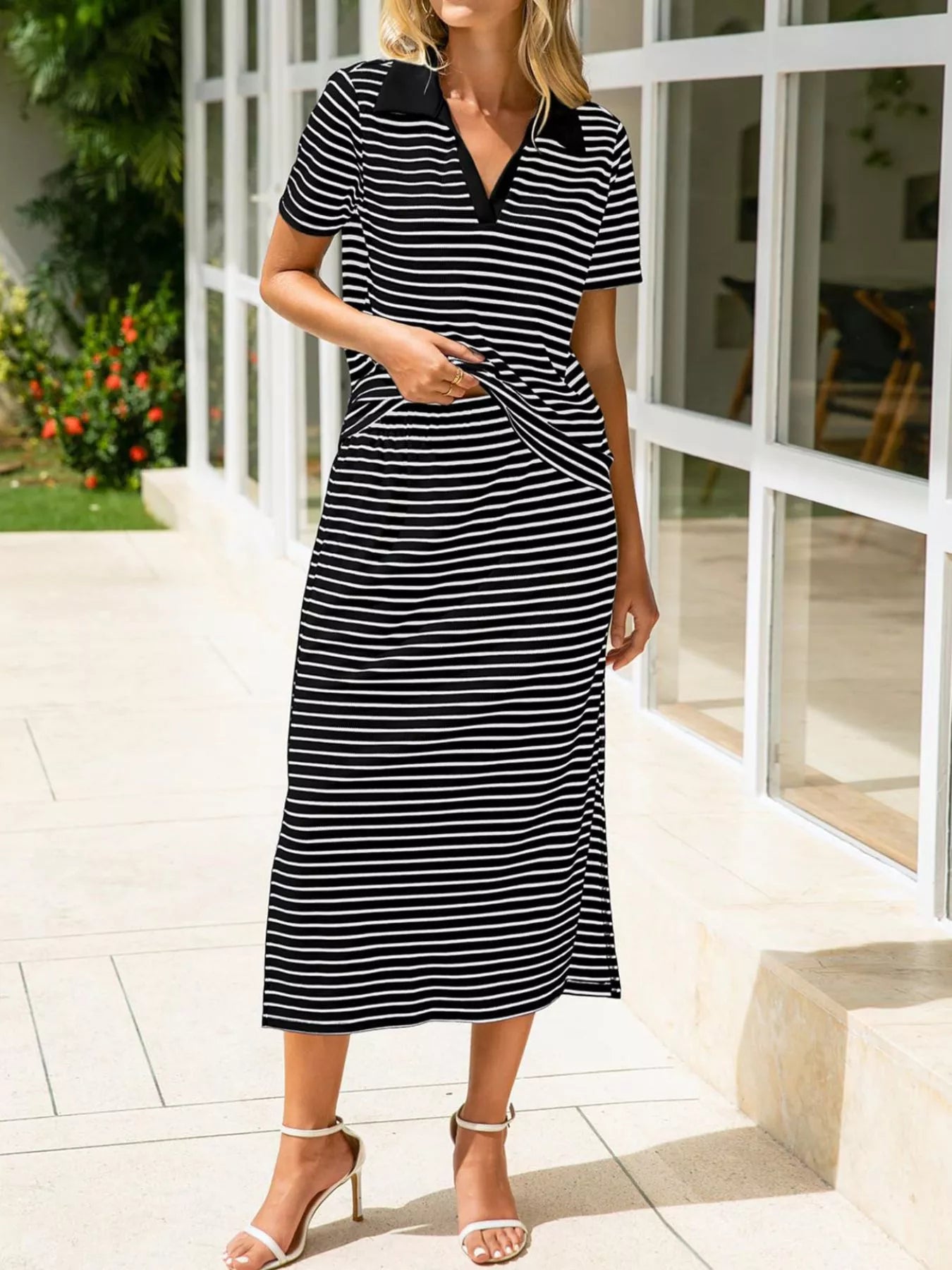 Striped Polo Collar Top and Slit Skirt Two-Piece Set