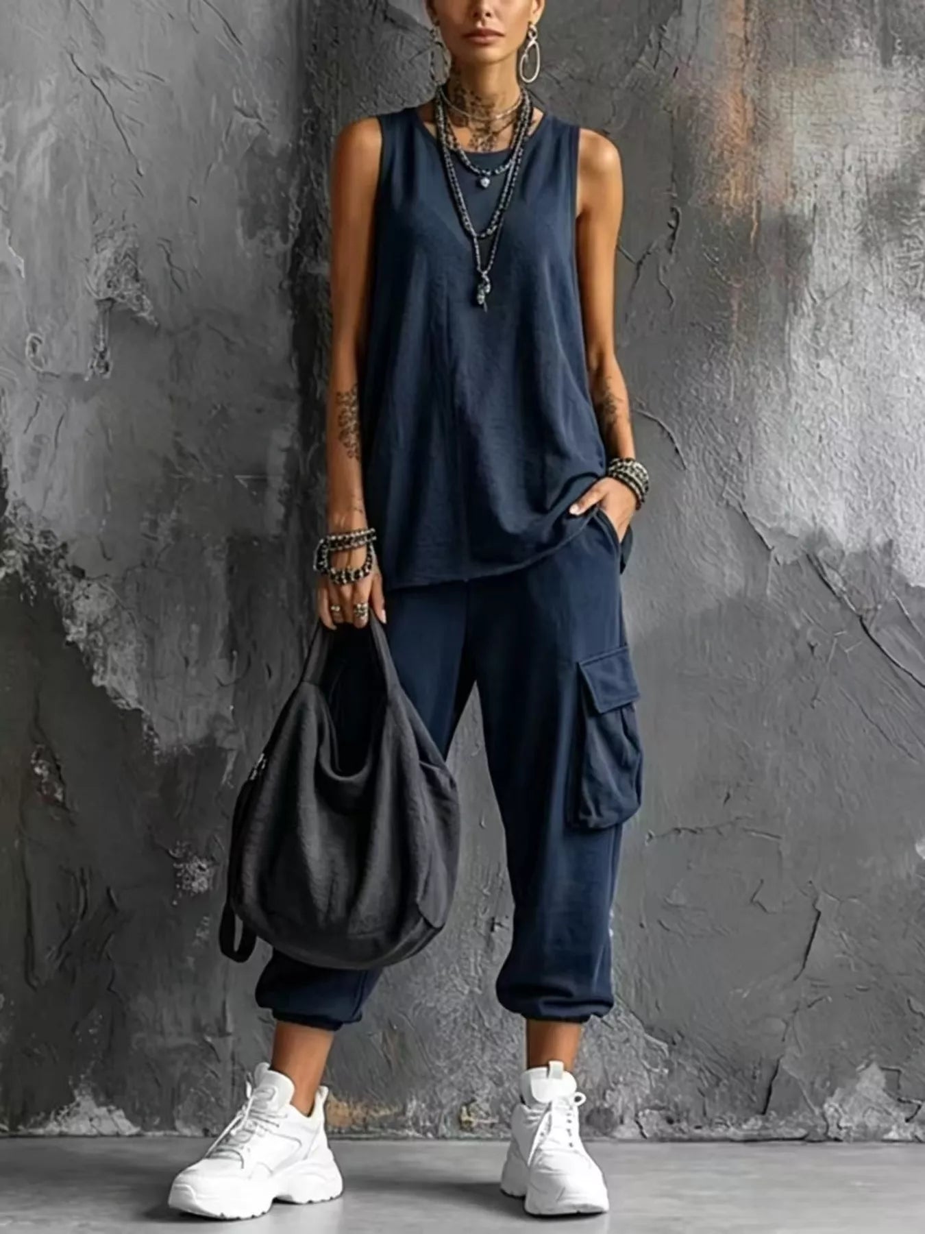 Full Size Casual Tank and Cargo Pants Set Plus Size
