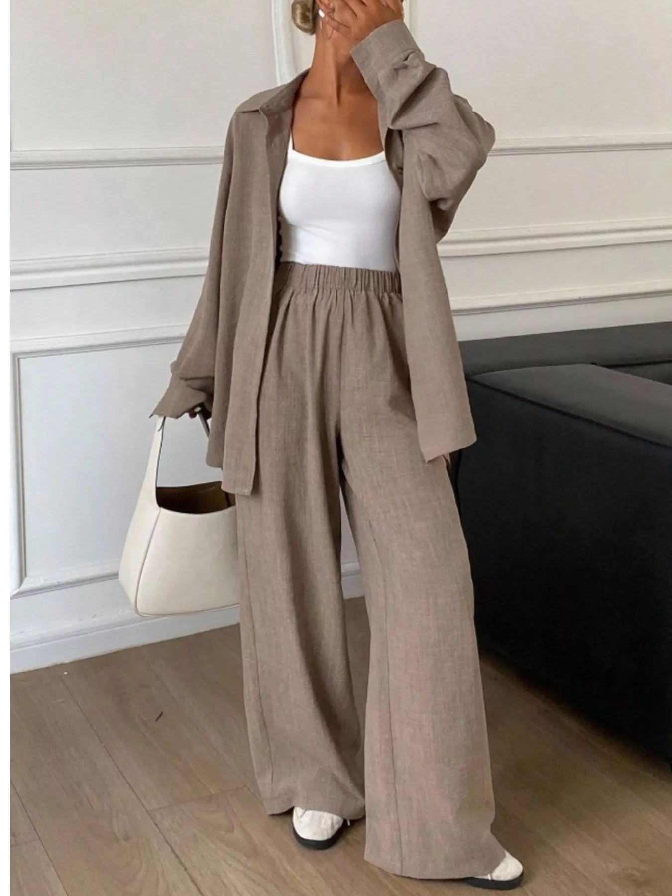 Button Up Long Sleeve Shirt and Wide Leg Pants Set