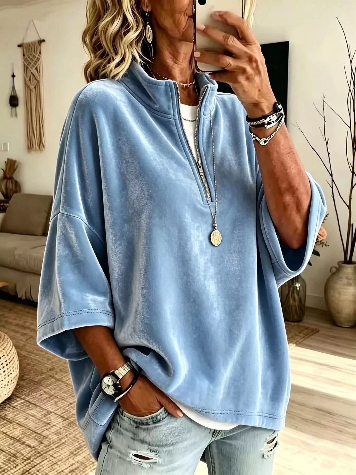 Full Size Velvet Quarter-Zip Sweatshirt Plus Size