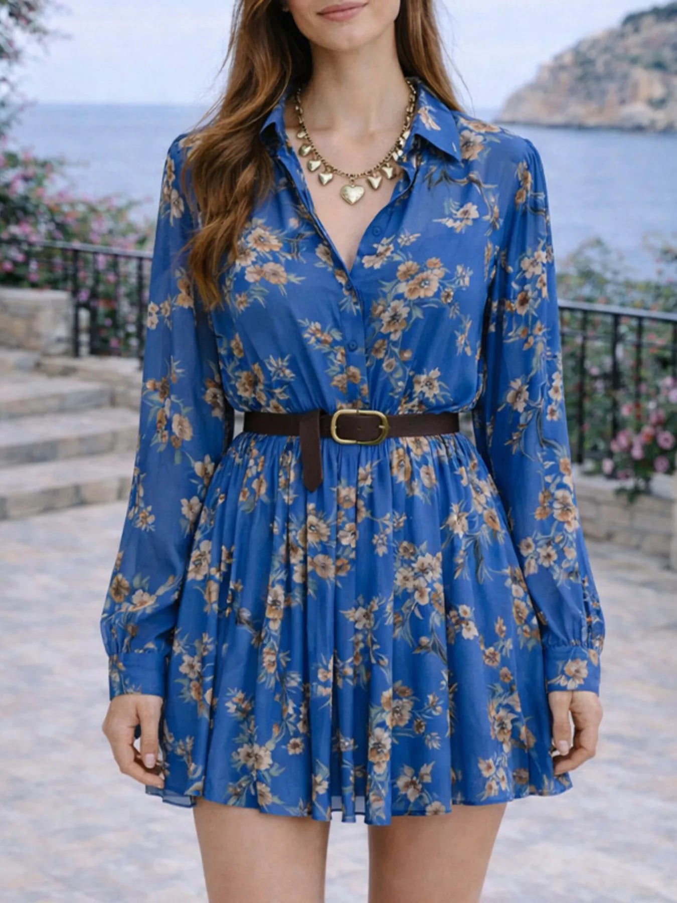 Full Size Floral Print Long Sleeve Shirt Dress Plus Size
