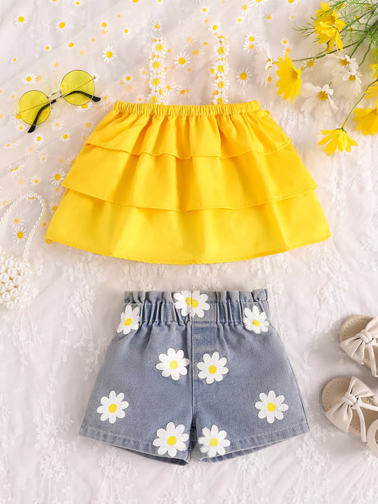 Children's Daisy Print Cami and Denim Shorts Set