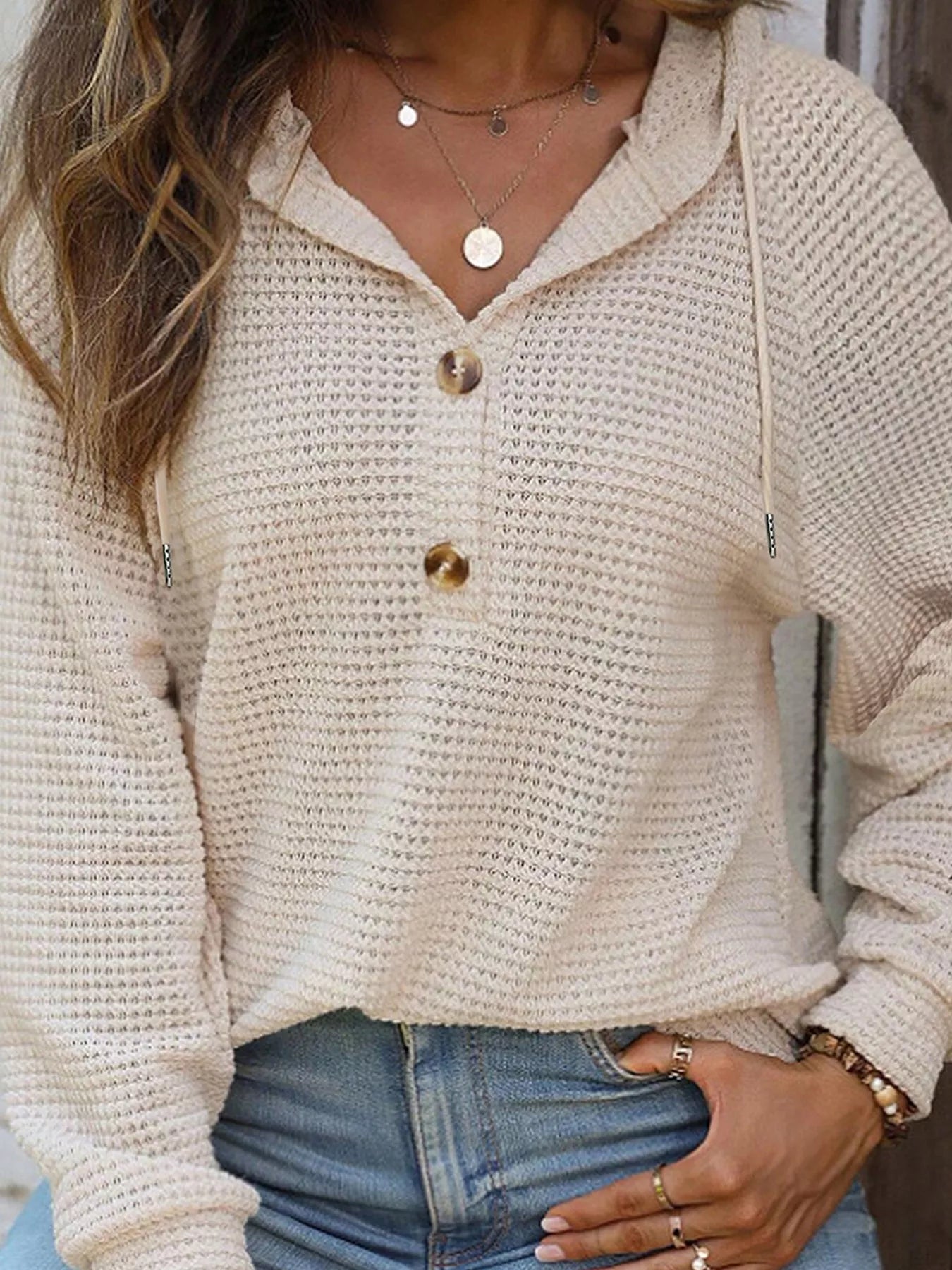 Waffle Knit Hooded Top with Drawstring