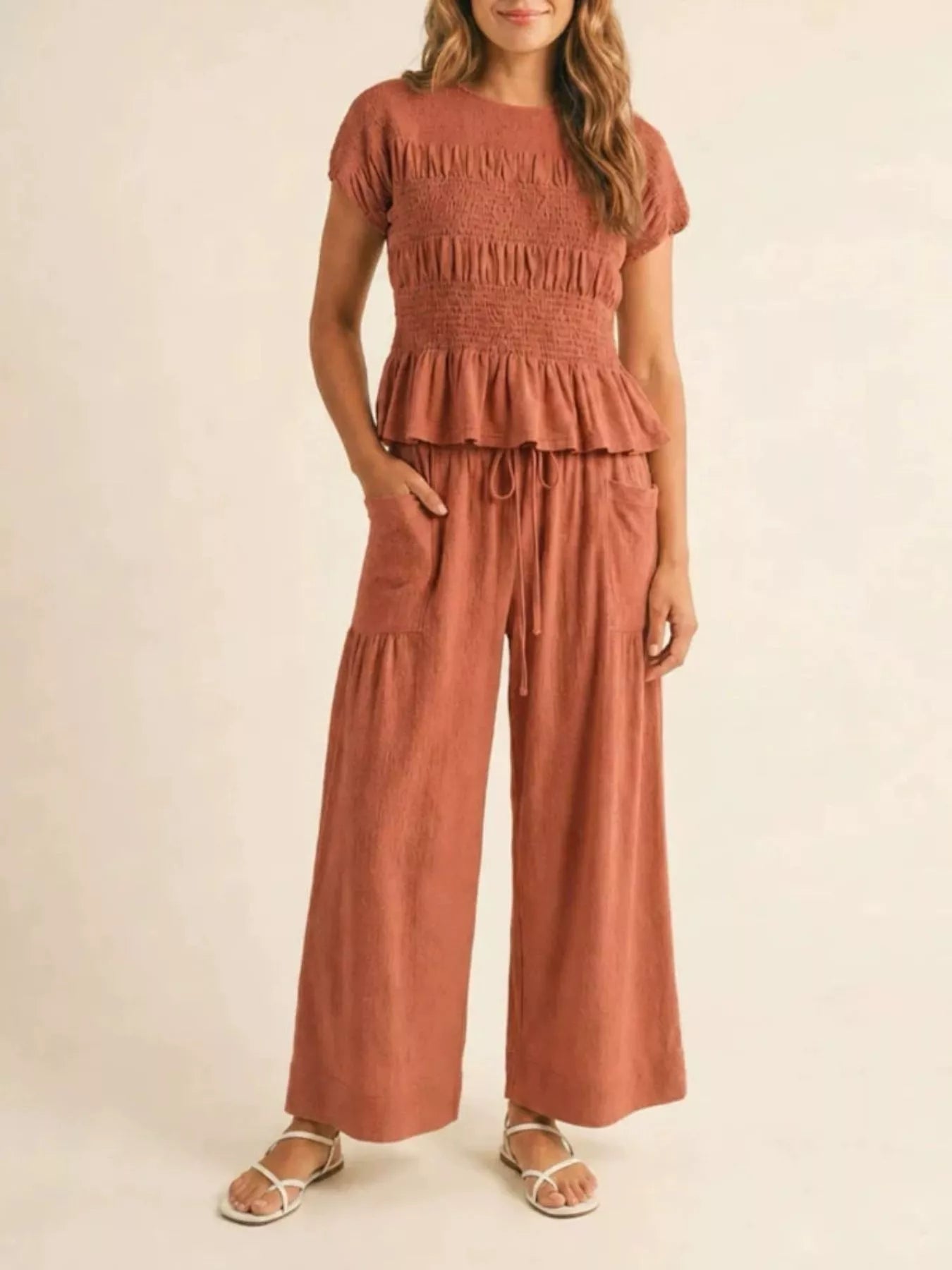 Smocked Peplum Top and Wide-Leg Pants Set