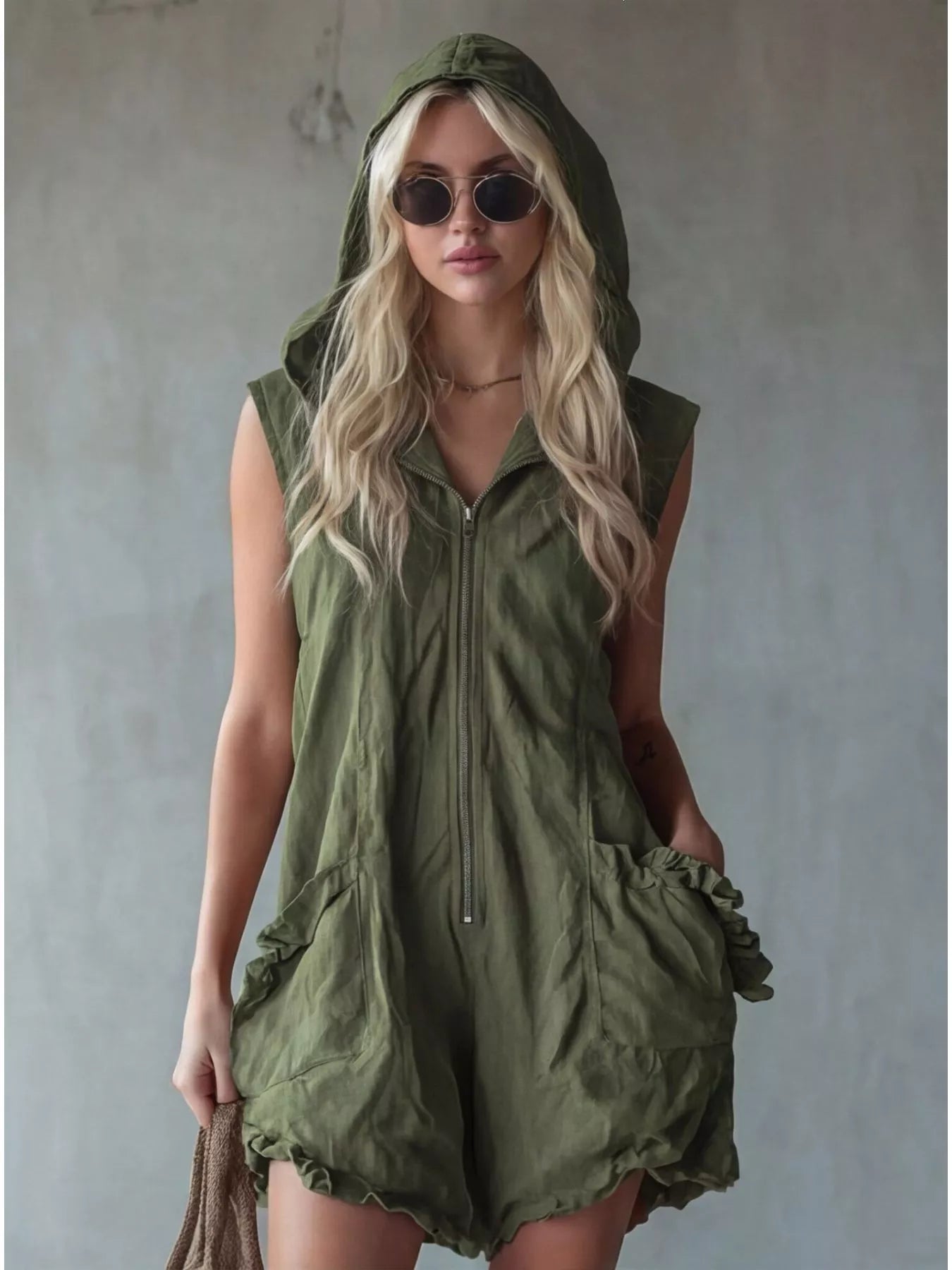 Full Size Hooded Sleeveless Zipper Romper with Ruffled Pockets Plus Size