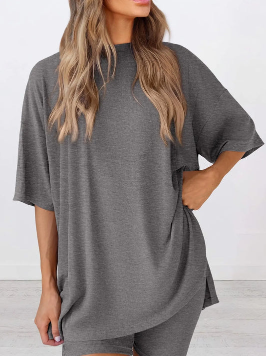 Full Size Oversized Round Neck Top and Shorts Set Plus Size