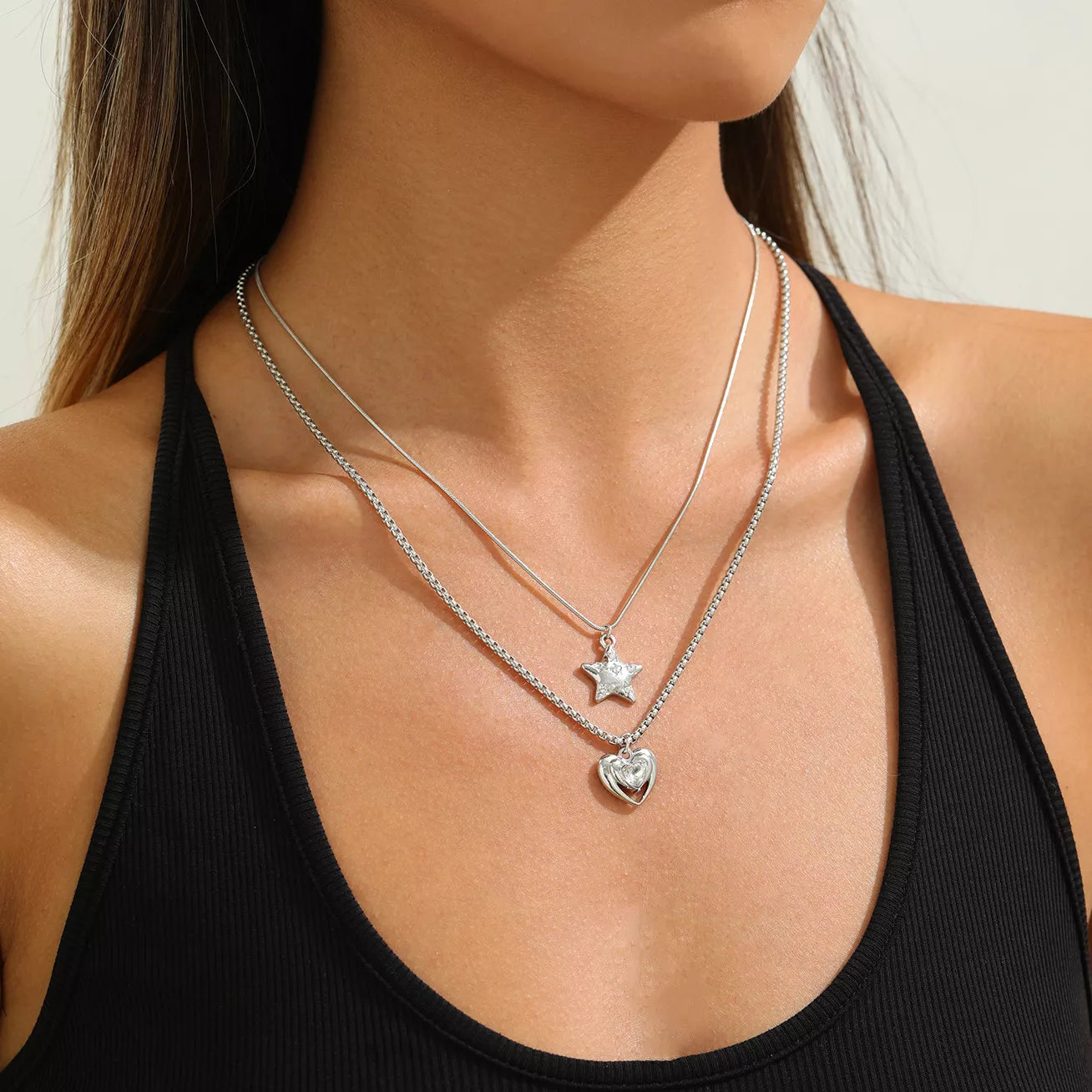 2-Piece Star and Heart Pendant Necklace