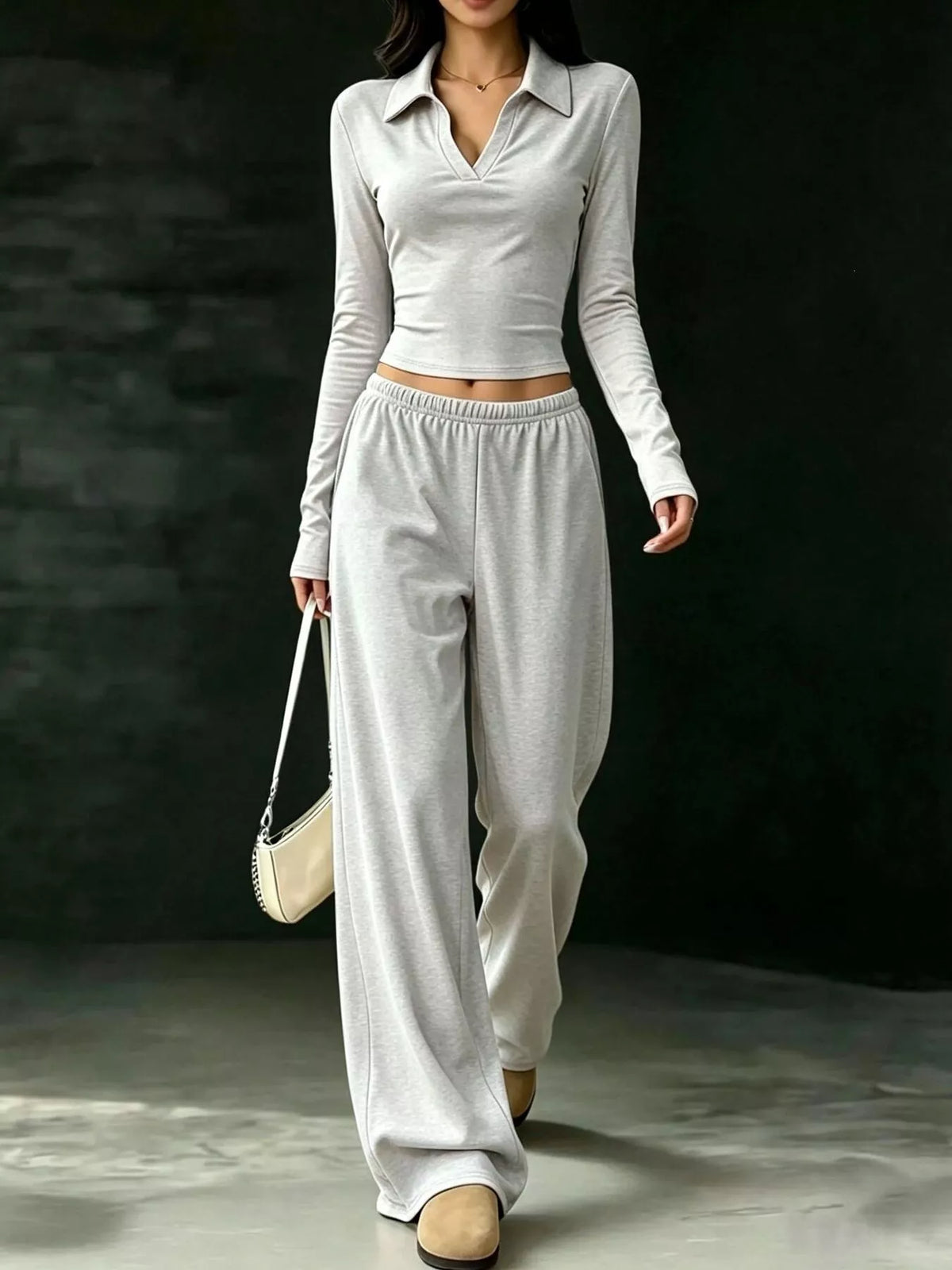 Solid Color Long Sleeve Polo Collar Top and Wide Leg Pants Set