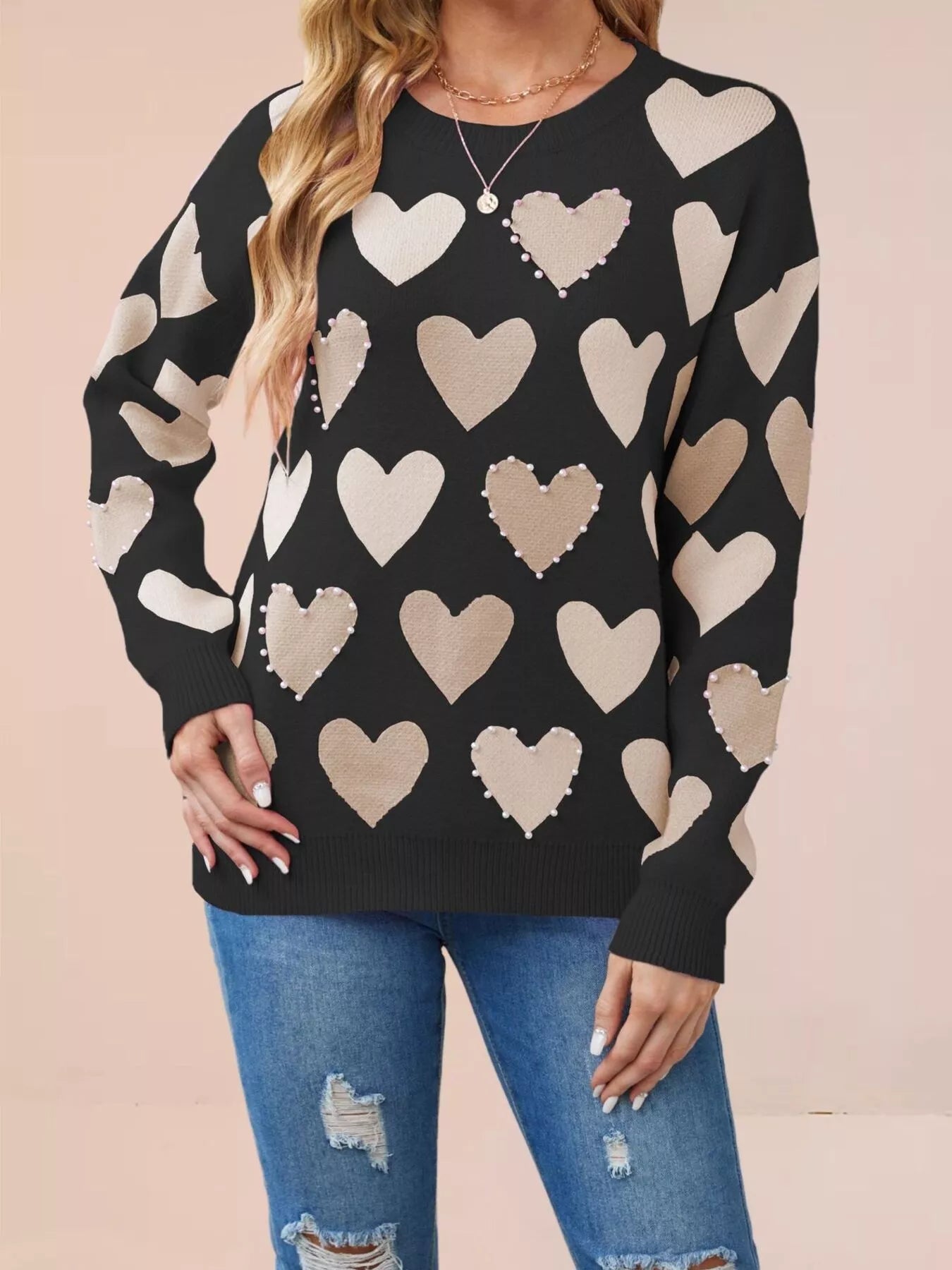 Heart Pattern Pearl Embellishments Sweater