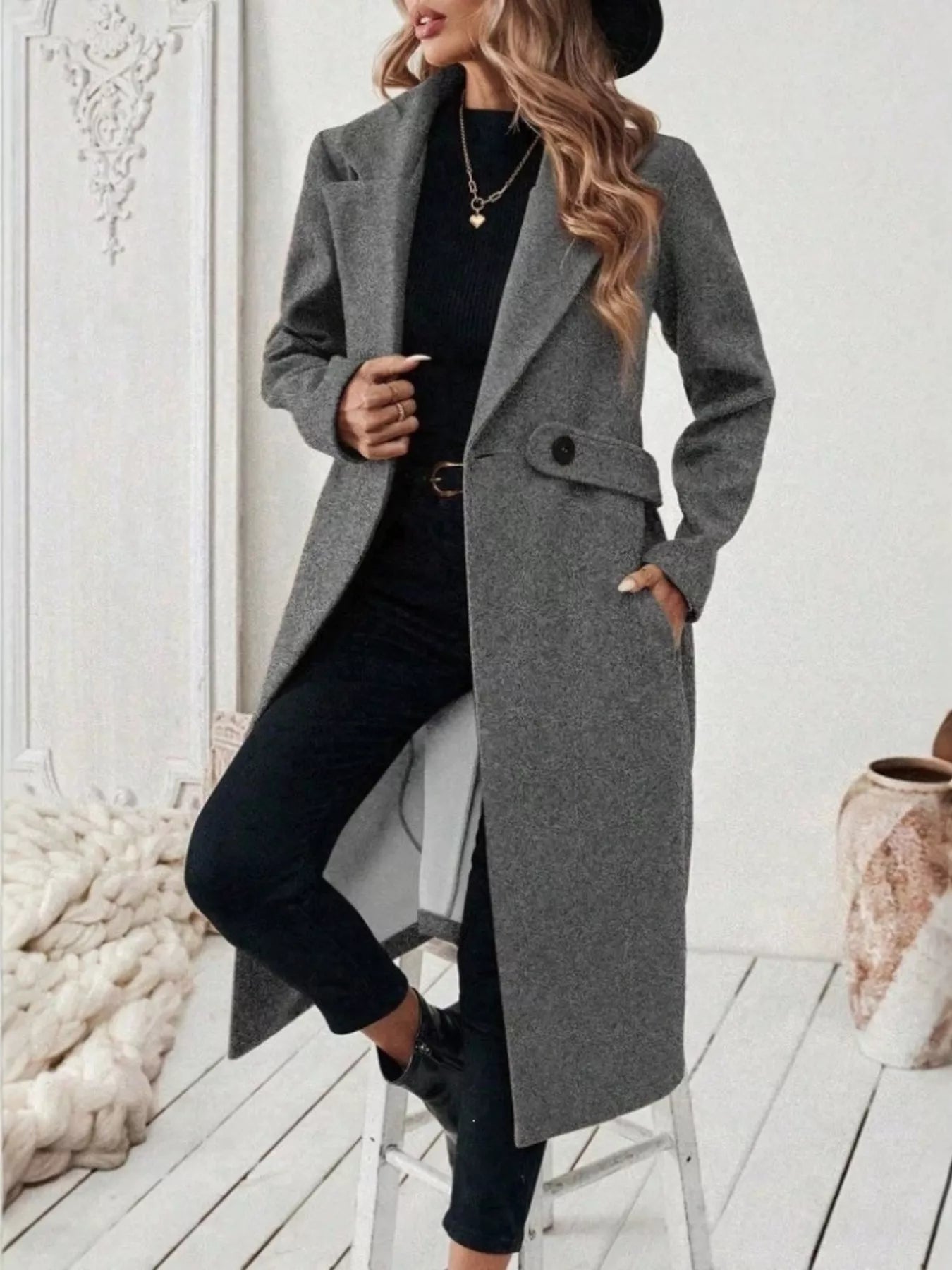 Full Size Elegant Lapel Collar Belted Coat with Pockets Plus Size