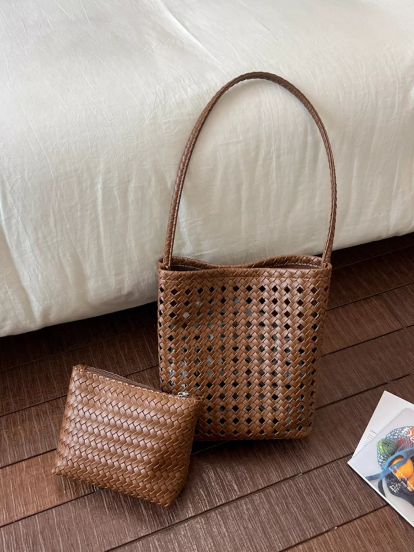 Woven Leather Handbag with Matching Pouch