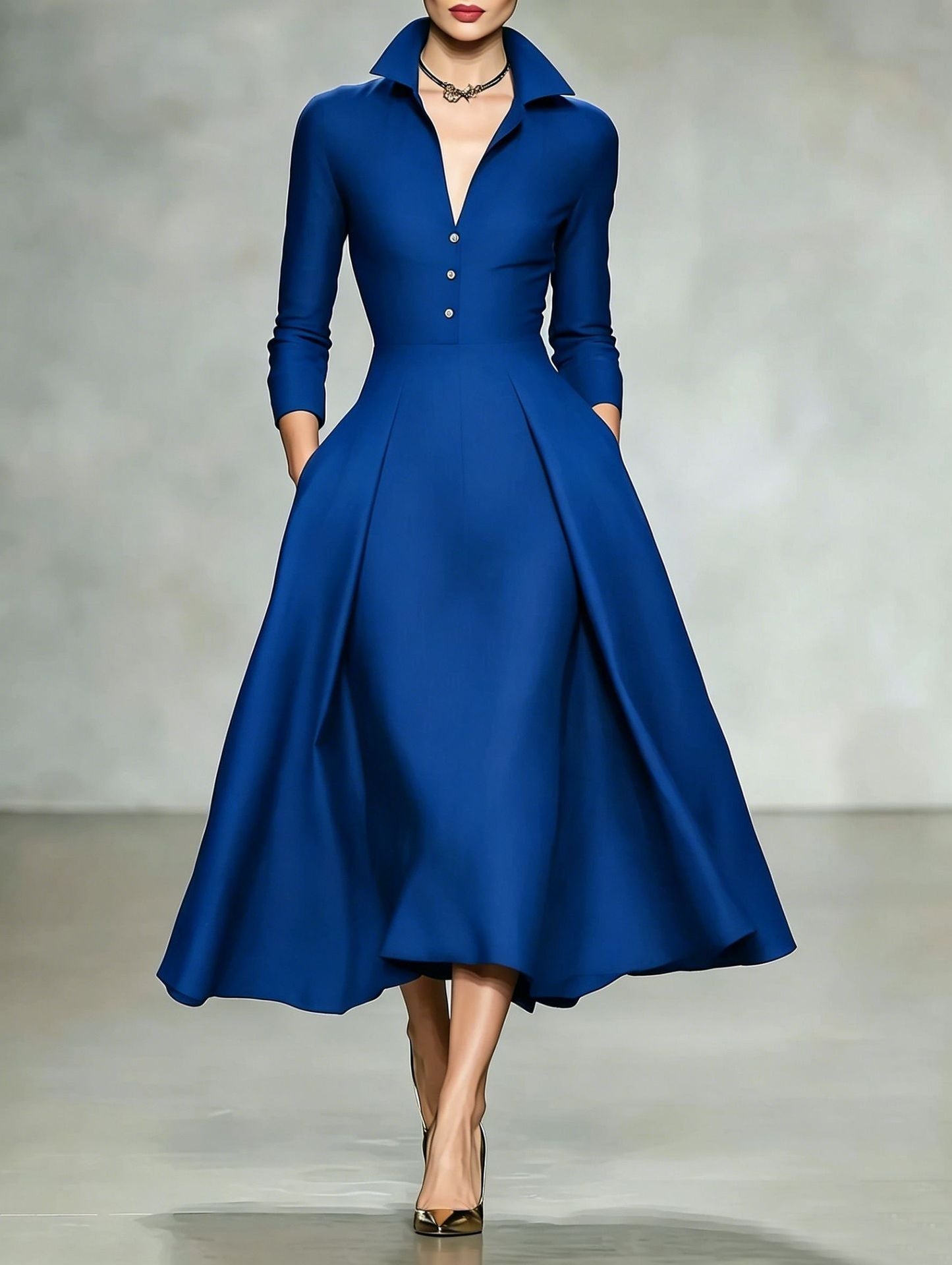 Deep V-Neck Shirt Collar Pleated A-Line Midi Dress with Pockets
