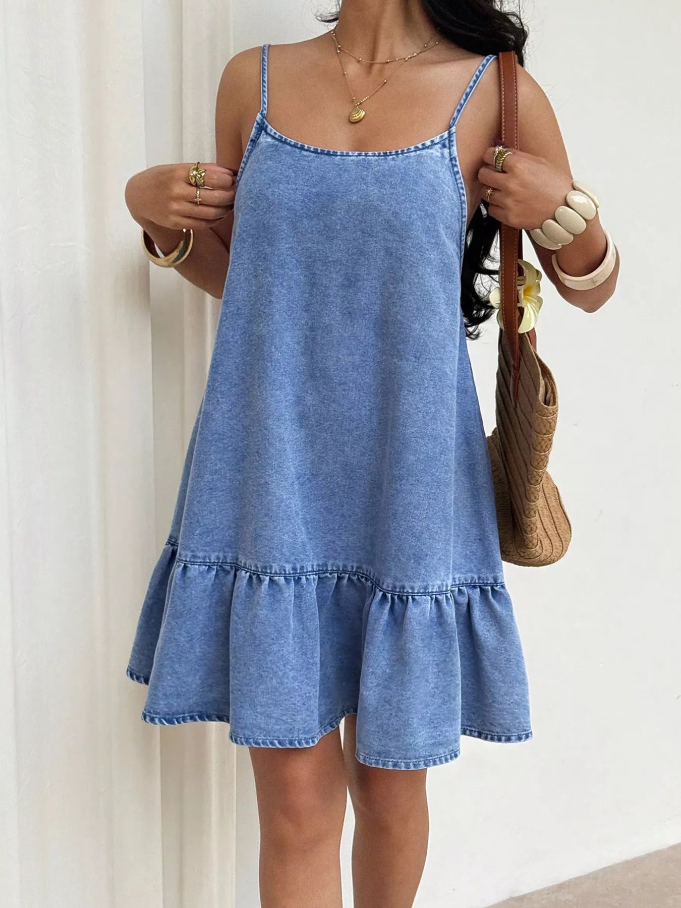 Casual Spaghetti Strap Ruffle Hem Denim Dress