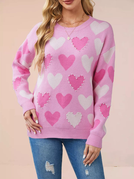 Heart Pattern Beaded Round Neck Sweater