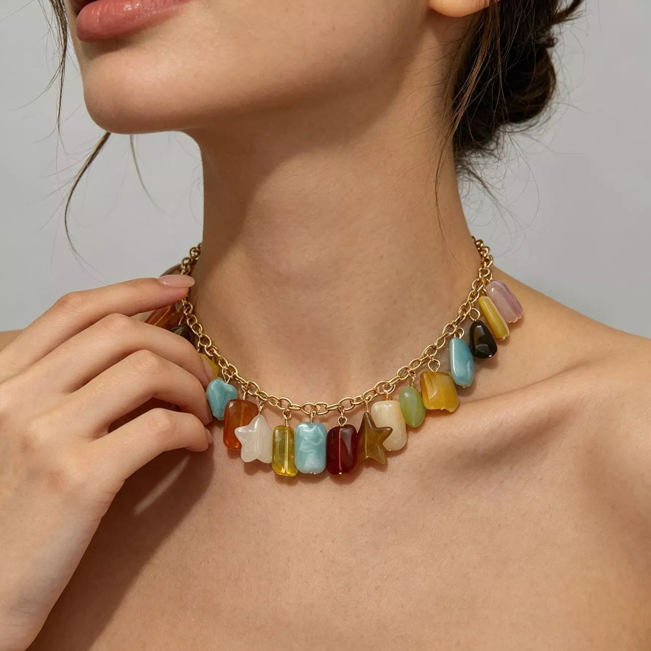 Bohemian Multi-Color Gemstone Charm Necklace