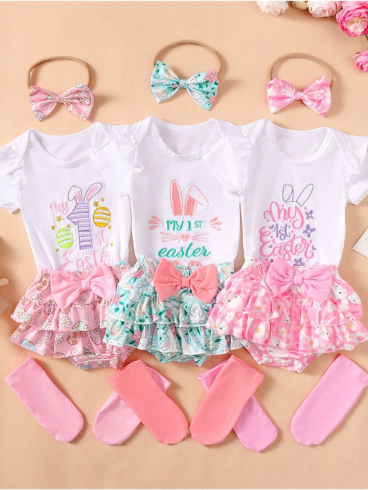Children's Ruffled Trim Bodysuit and Skirt Set with Headband