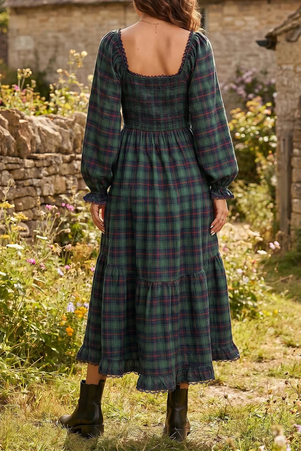 Plaid Long Sleeve Tiered Midi Dress