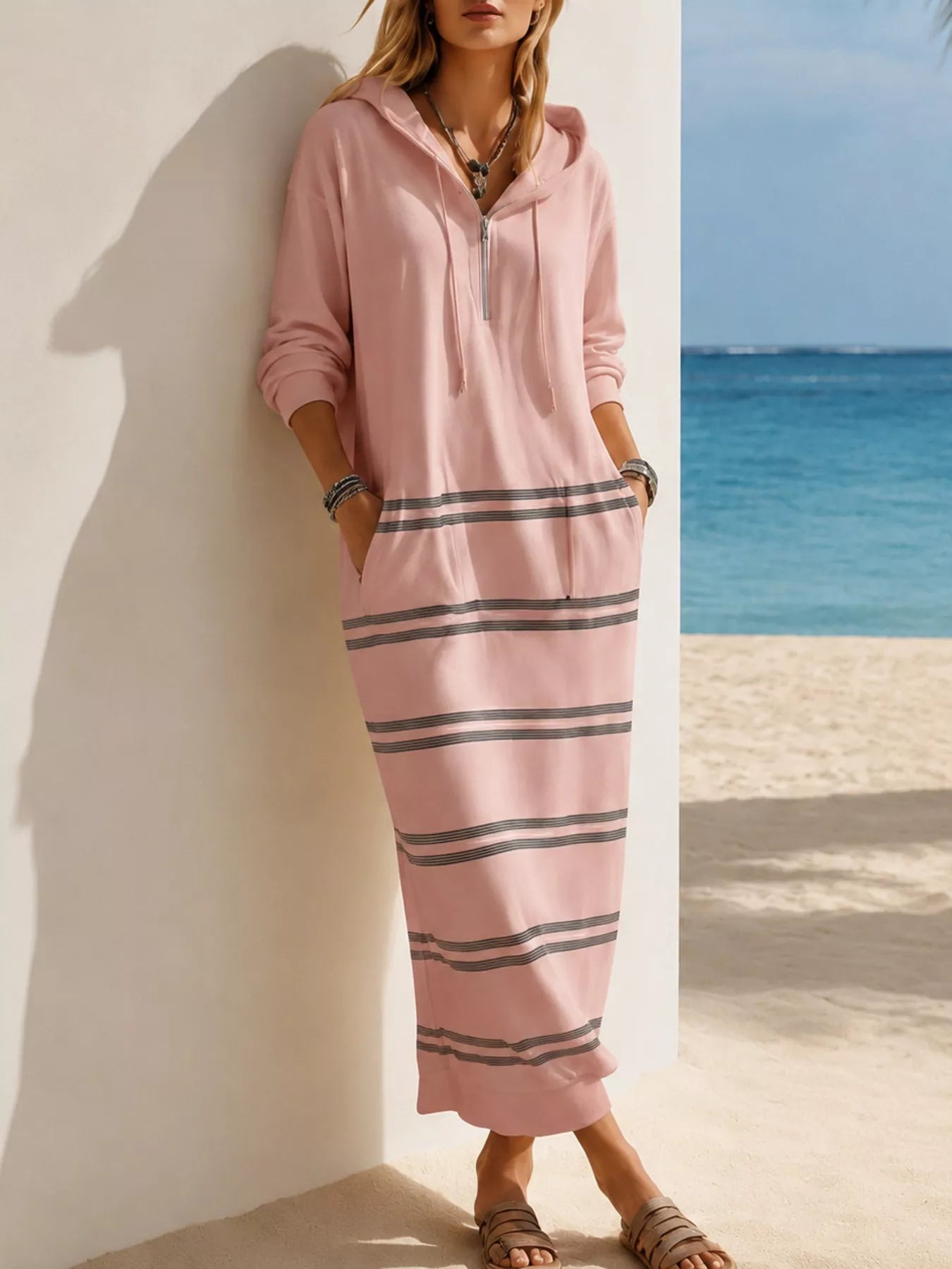 Casual Striped Drawstring Hooded Dress