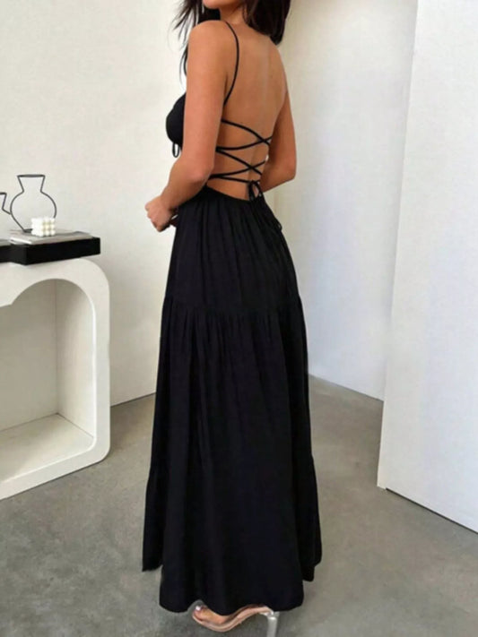 Backless Lace Up Spaghetti Strap Maxi Dress