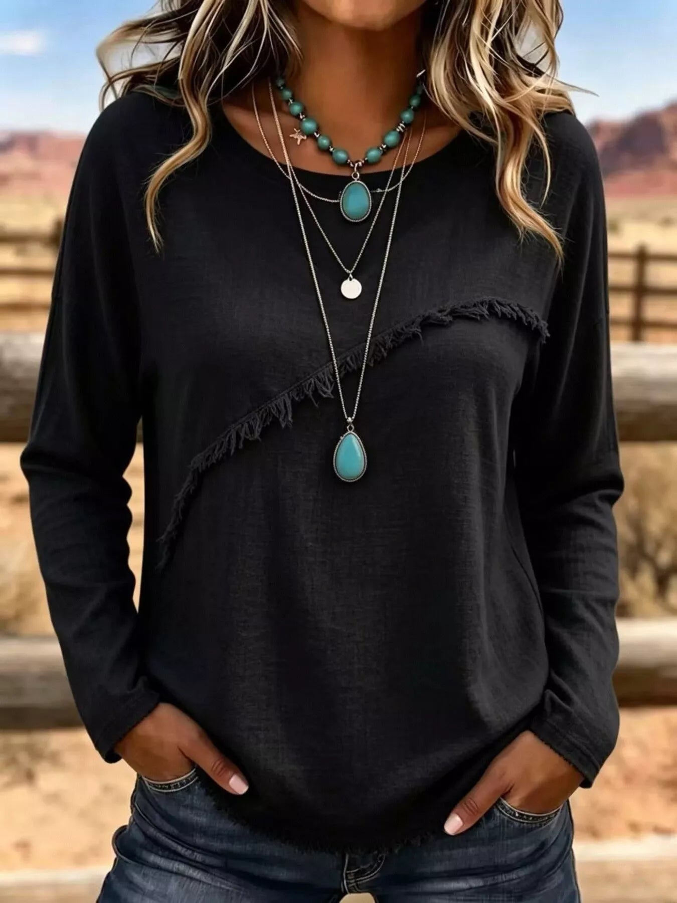 Full Size Fringe Detail Long Sleeve T-Shirt Plus Size