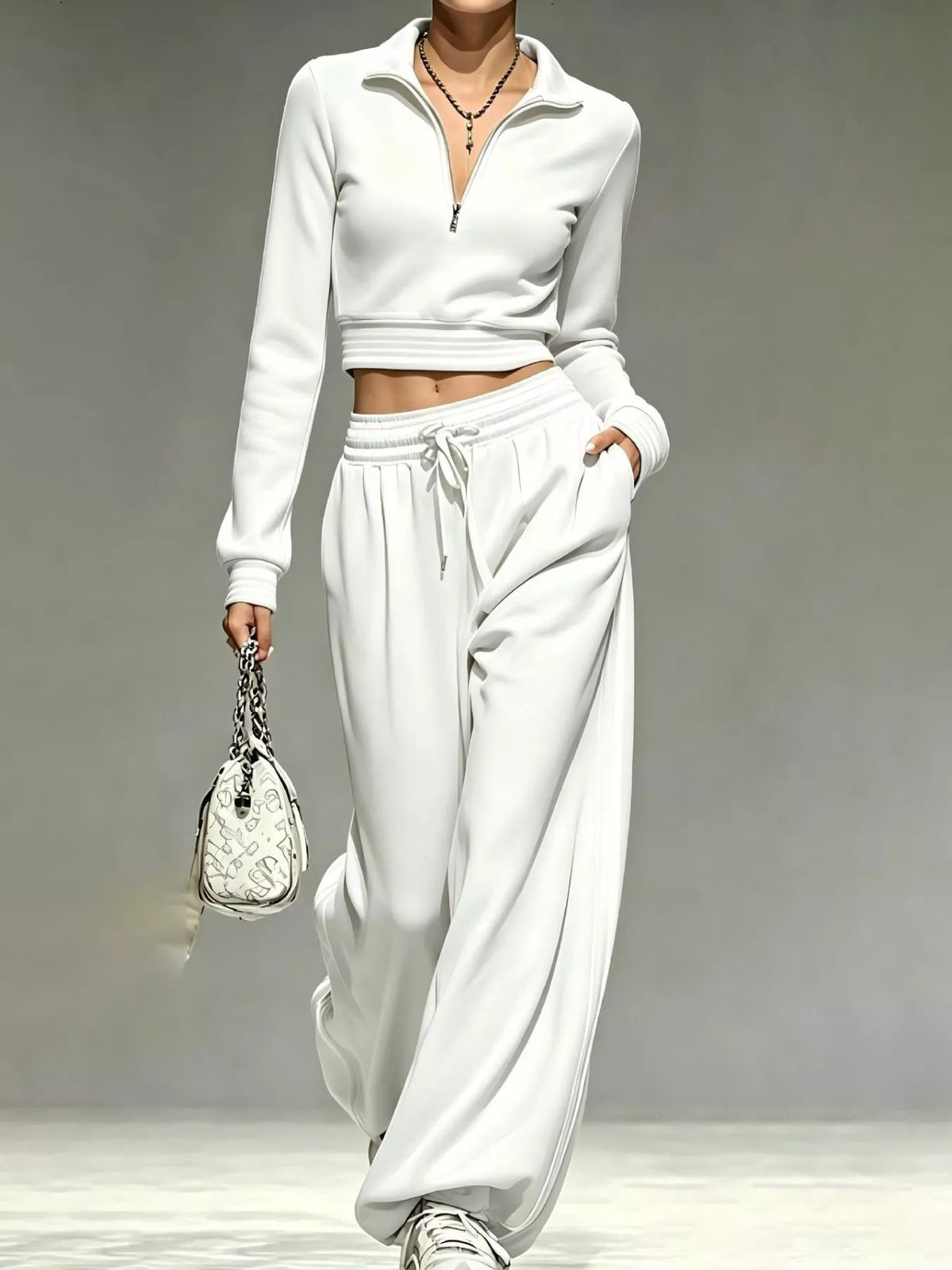 Full Size Half Zip Cropped Top and Pants Set Plus Size