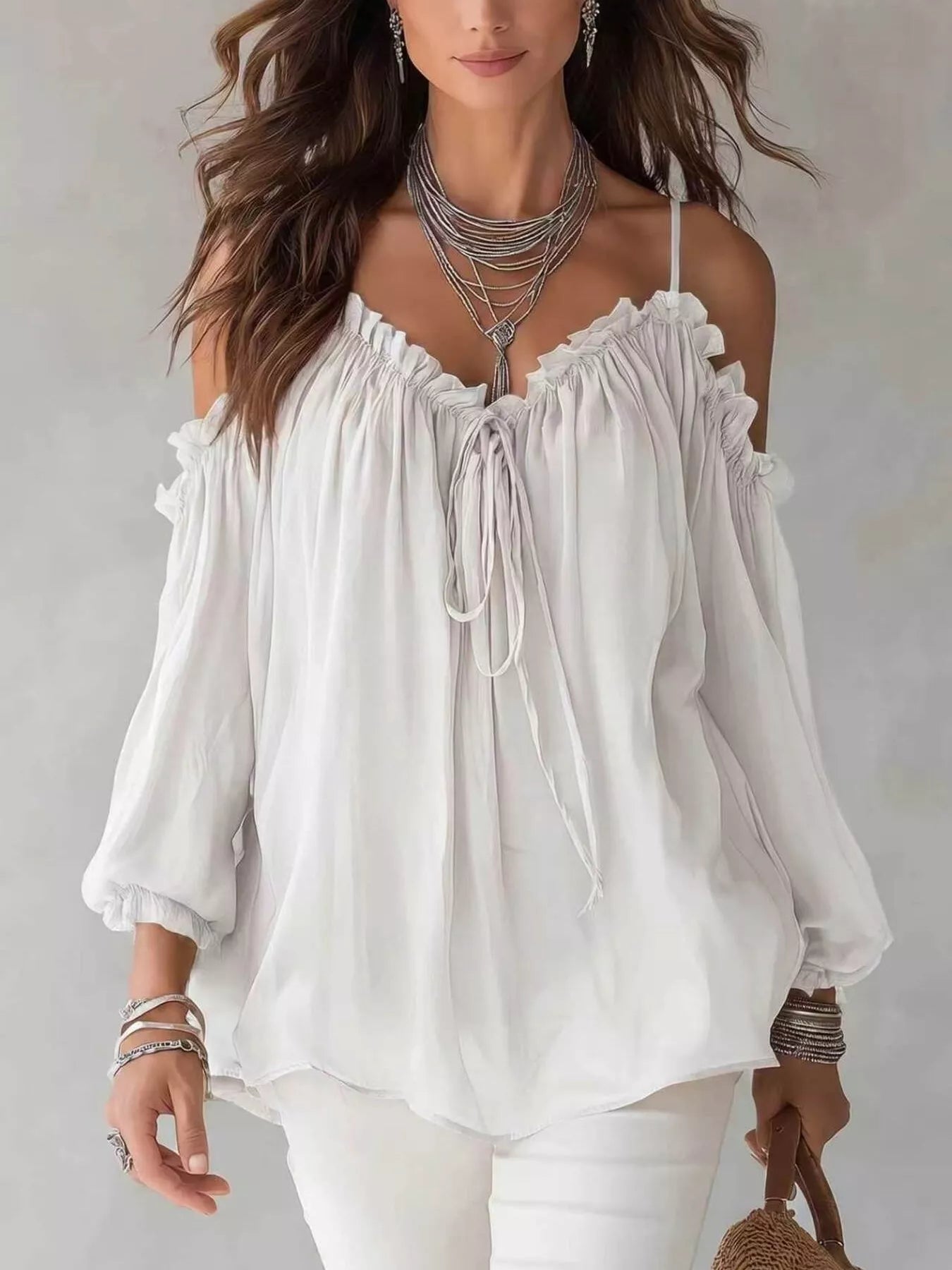 Frill Spaghetti Strap Tie Front Blouse
