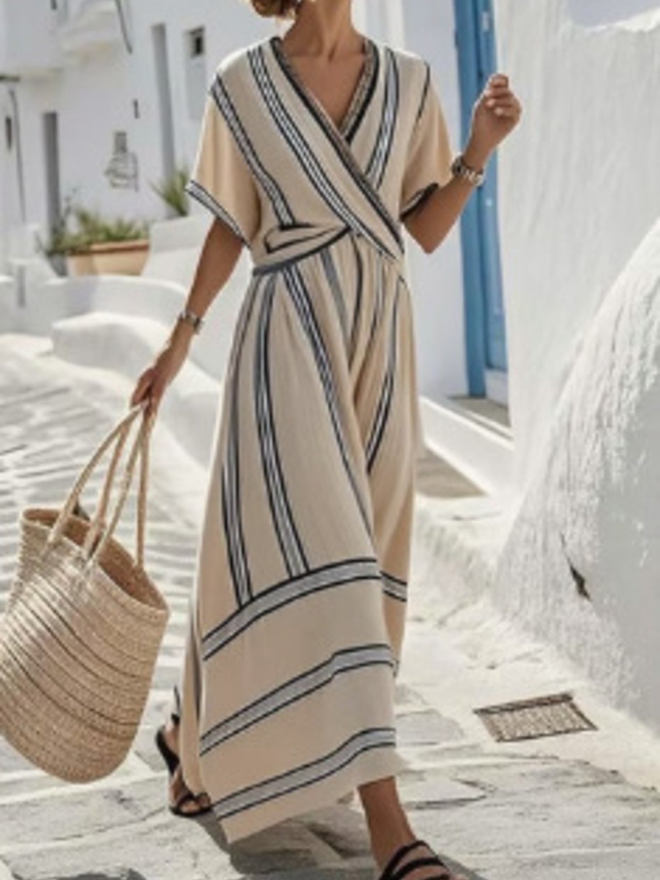 Full Size Striped Short Sleeve Wrap Maxi Dress Plus Size