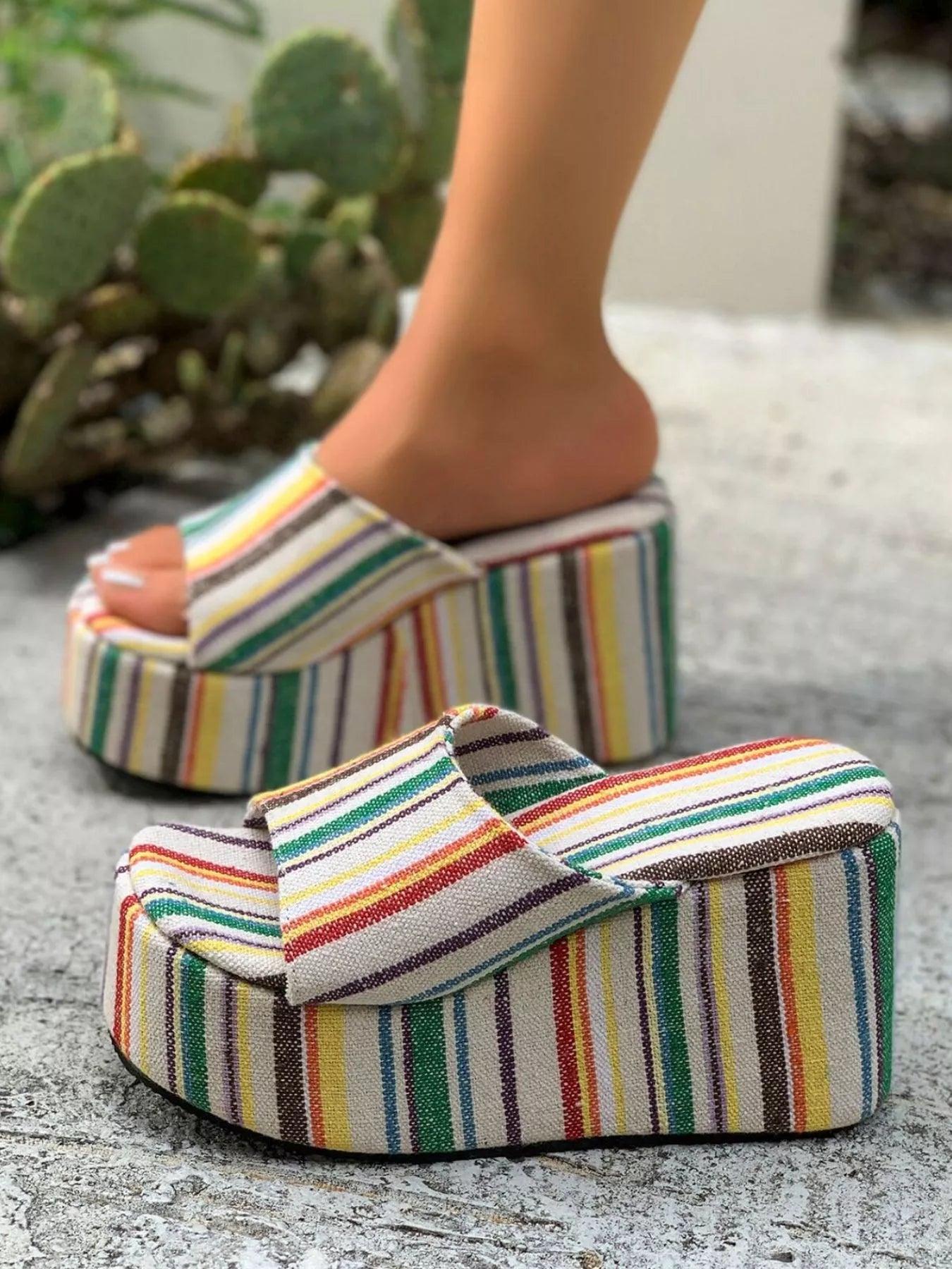 Striped Platform Wedge Sandals