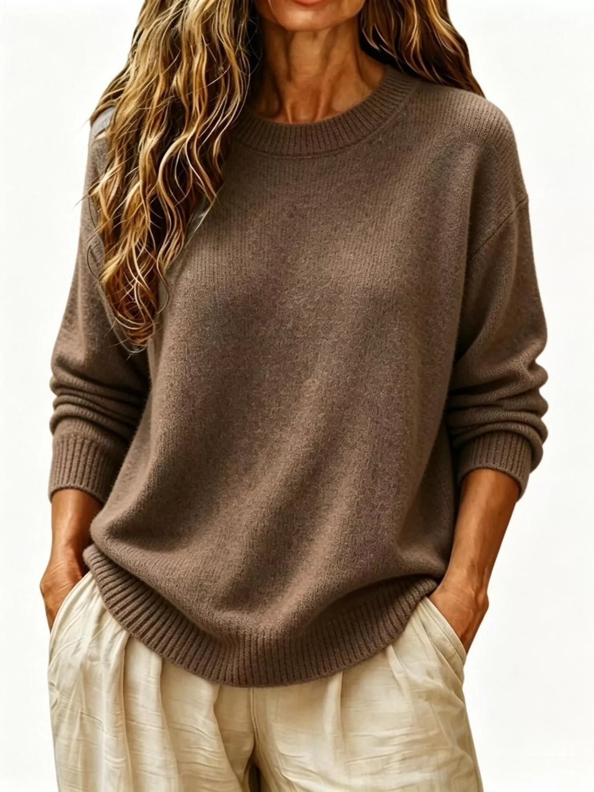 Full Size Round Neck Dropped Shoulder Sweater Plus Size