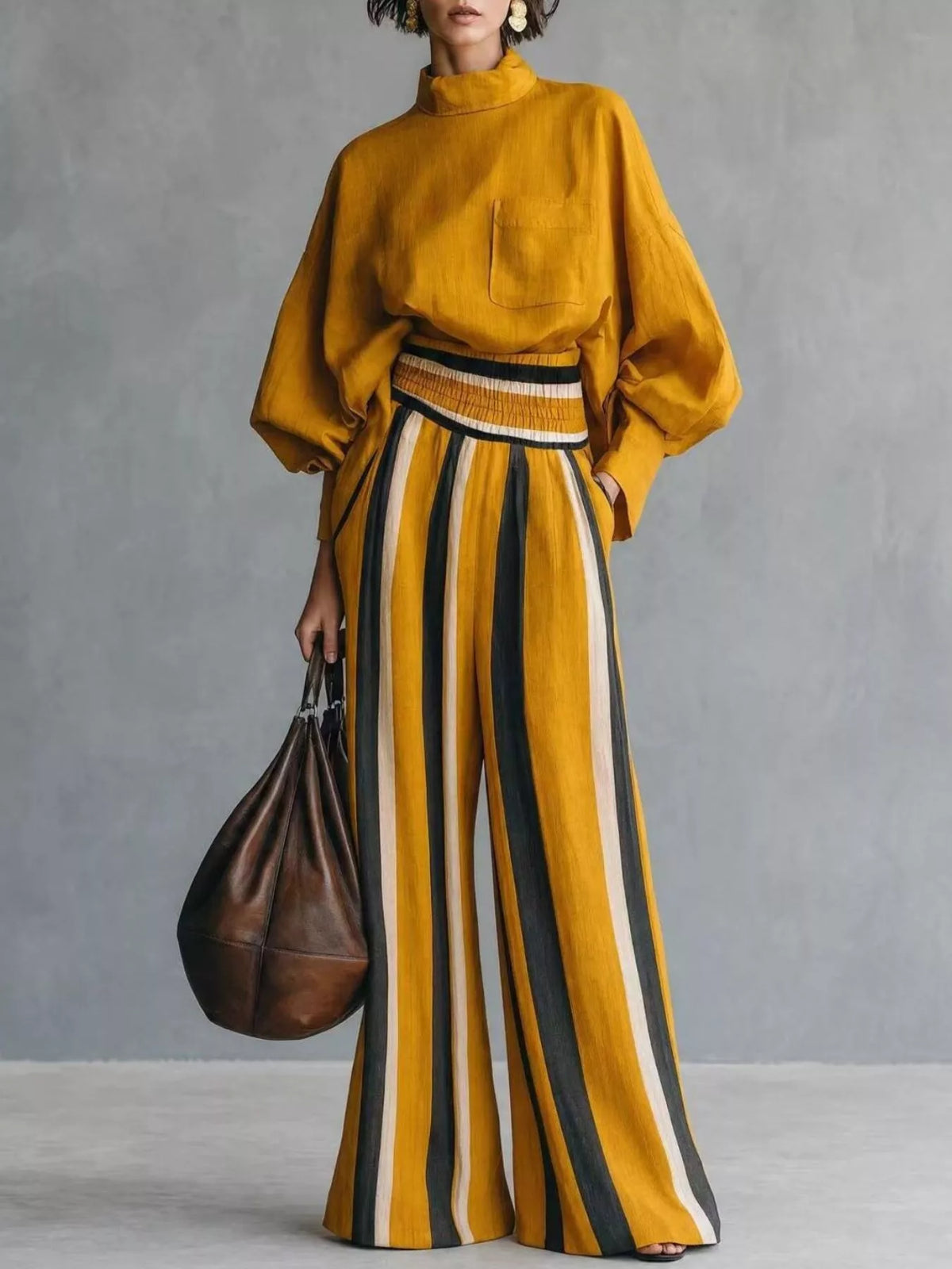 Full Size Mock Neck Top and Striped Wide-Leg Pants Set Plus Size