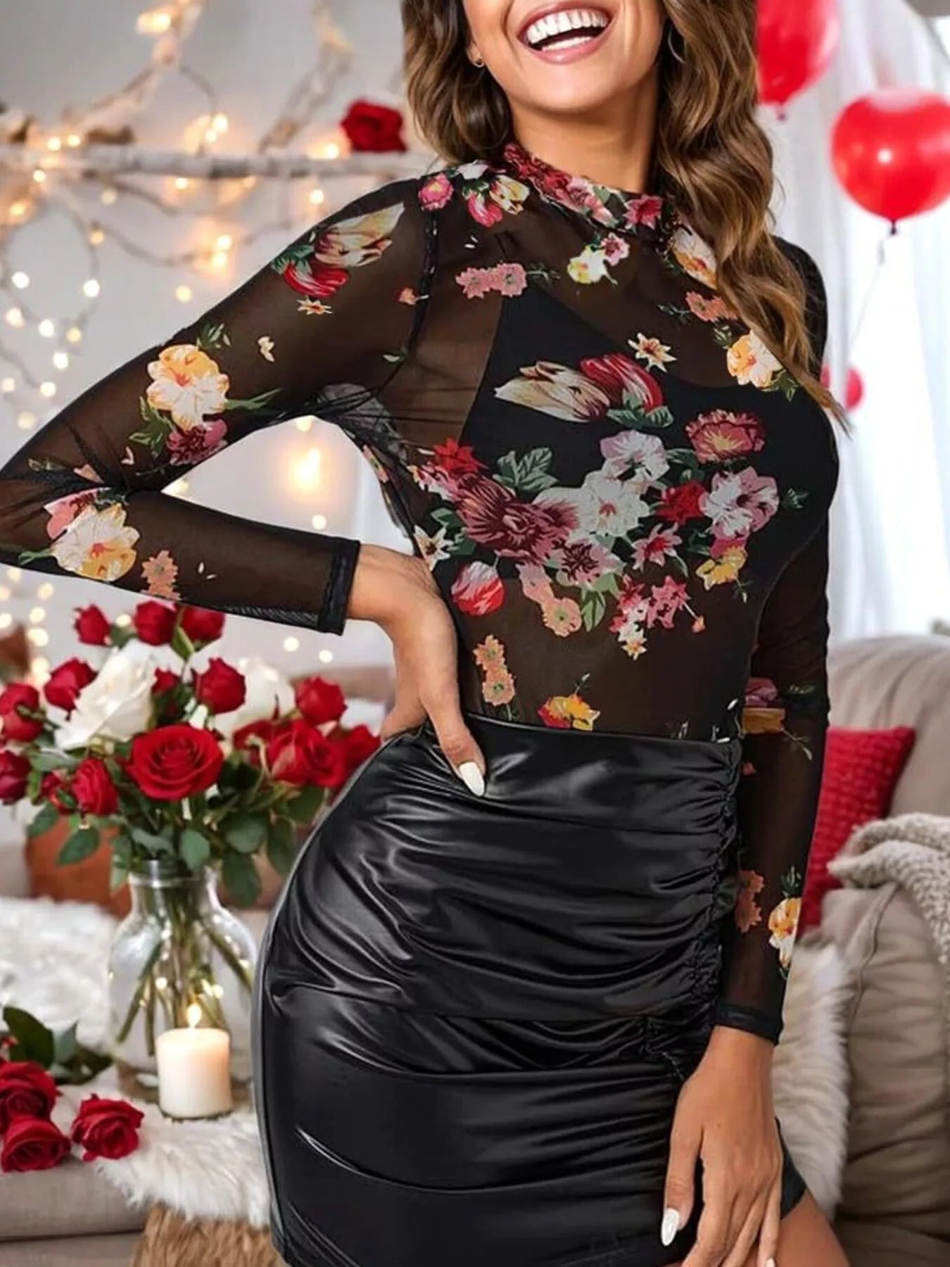 Sheer Mock Neck Long Sleeve Top