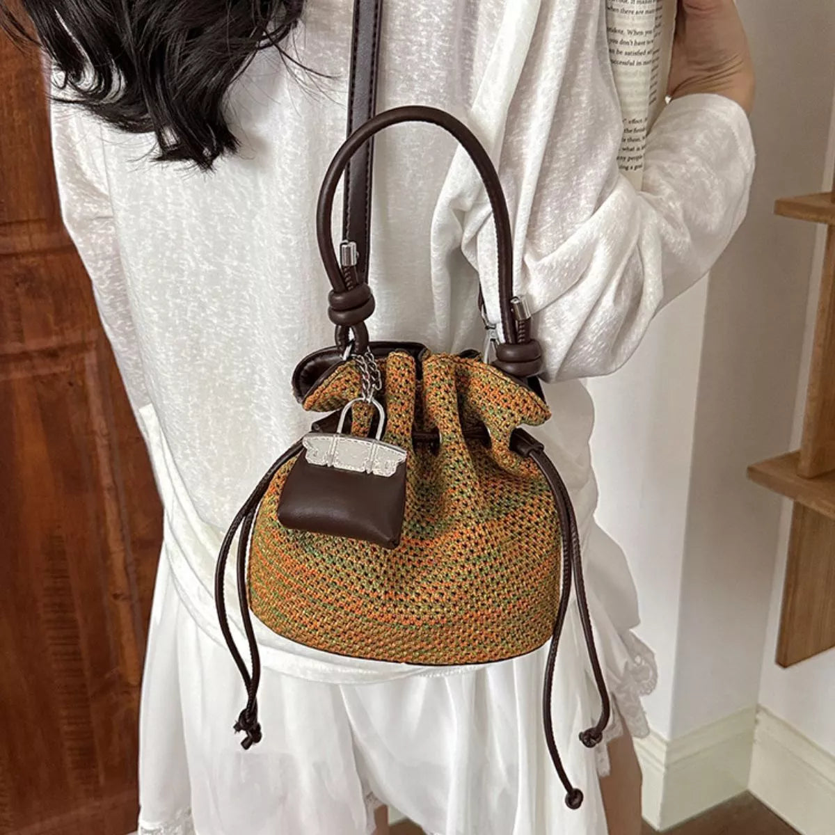 Woven Drawstring Crossbody Bag