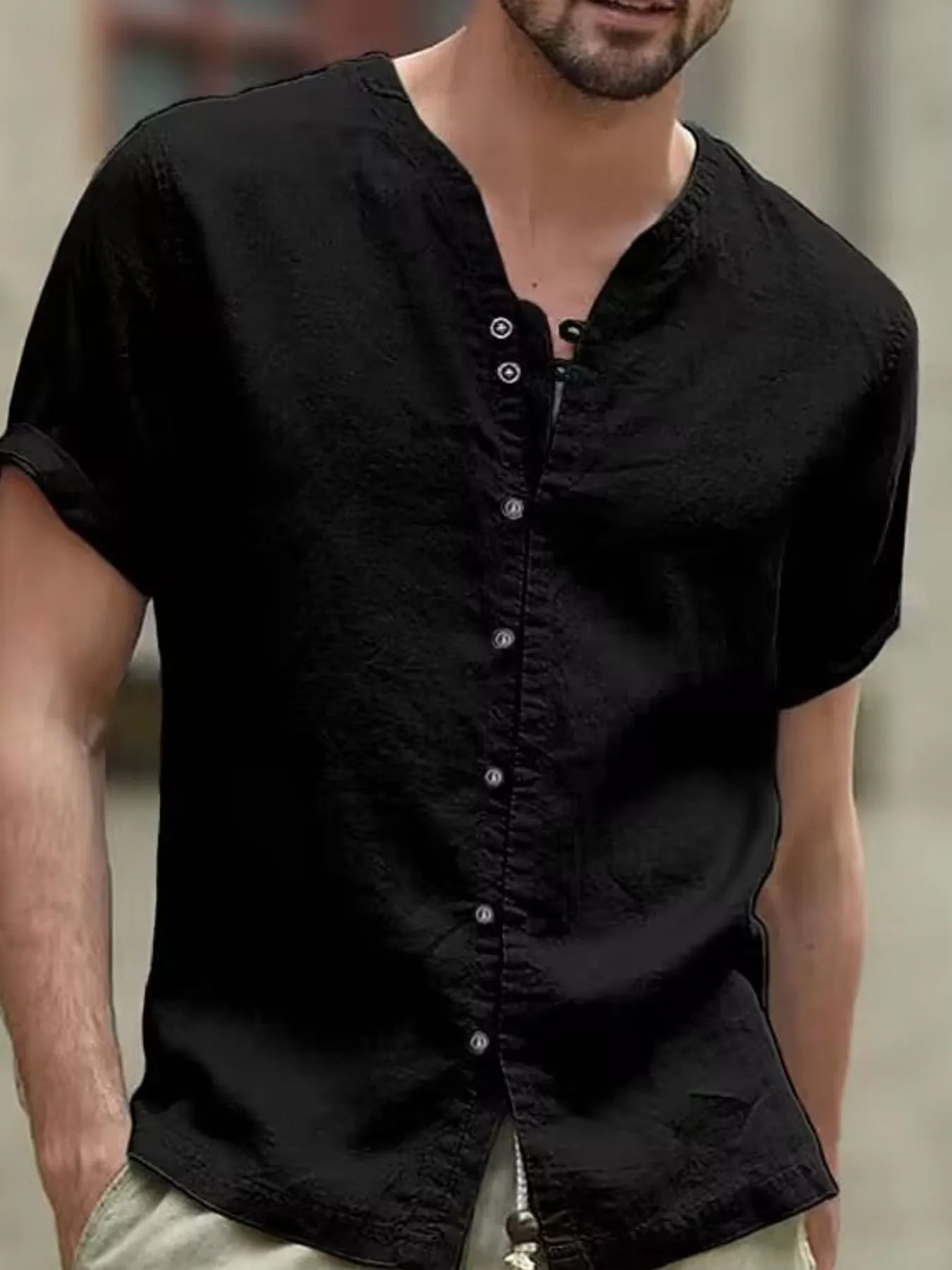 Men's Full Size Casual Linen Button-Down Short Sleeve Shirt Plus Size
