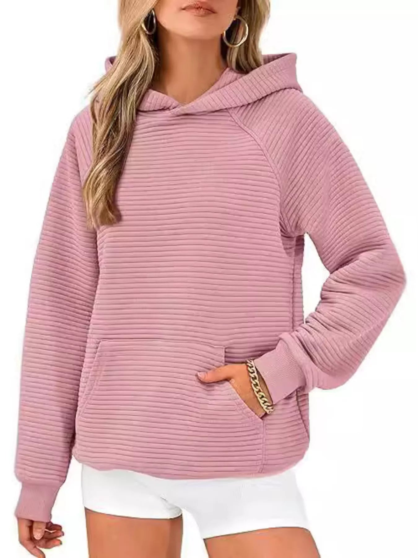 Texture Kangaroo Pocket Raglan Sleeve Hoodie