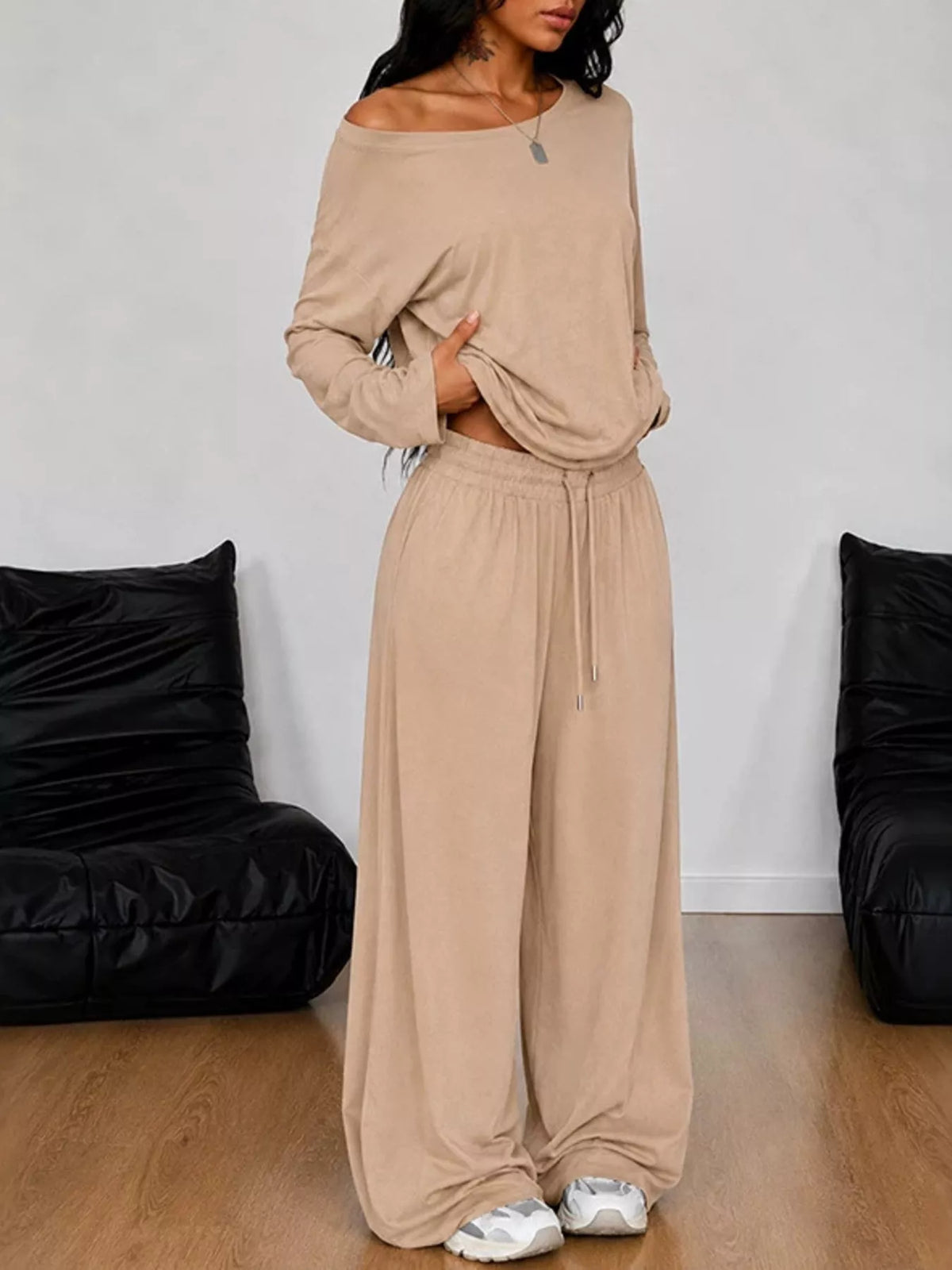 Full Size One-Shoulder Top and Drawstring Pants Set Plus Size