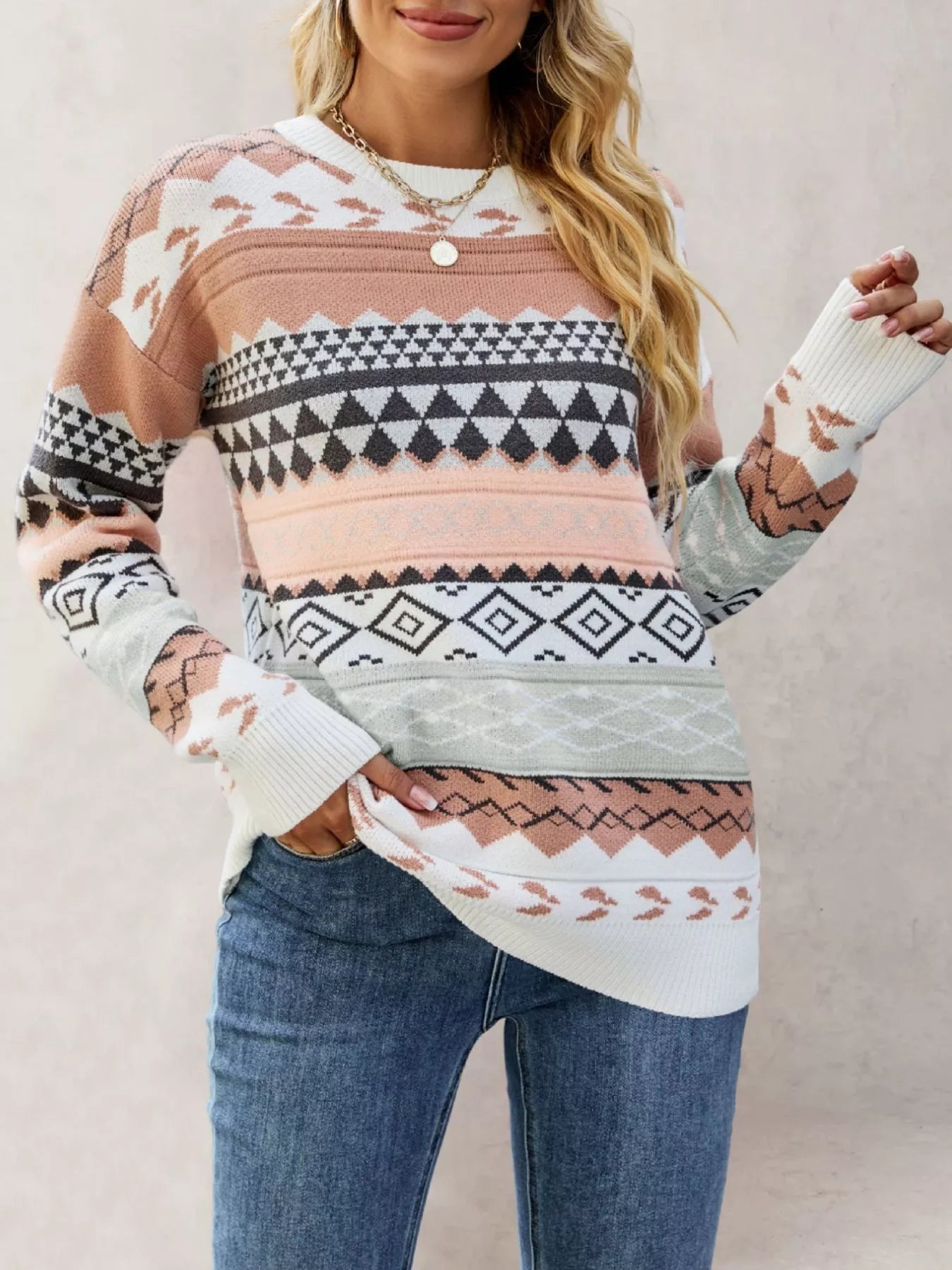 Geometric Pattern Dropped Shoulder Sweater