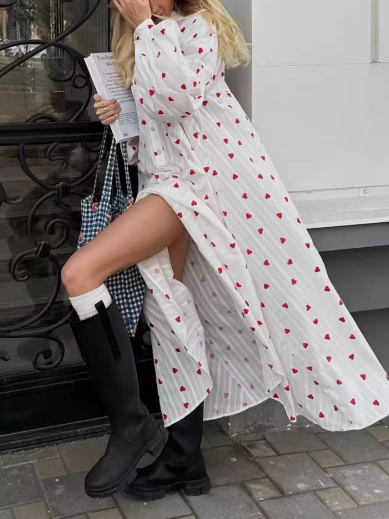 Heart Print Maxi Dress with Puff Sleeves