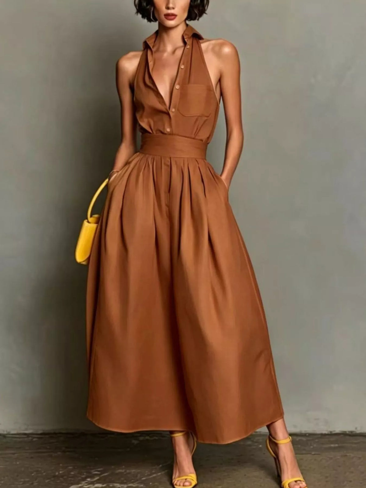 Sleeveless Collared A-Line Midi Dress