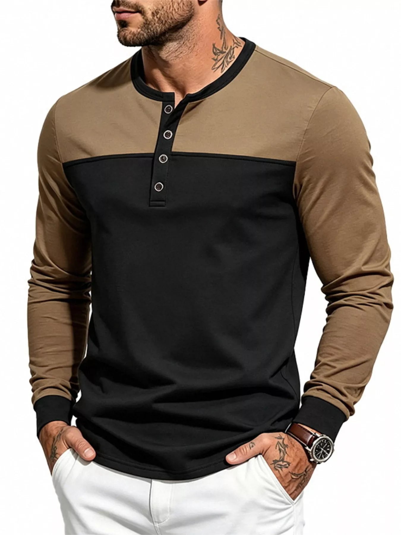 Men's Full Size Color-Block Long Sleeve Henley T-Shirt Plus Size