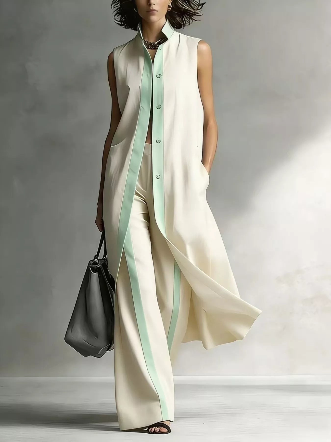 Full Size Sleeveless Longline Vest and Wide‑Leg Pants Set Plus Size