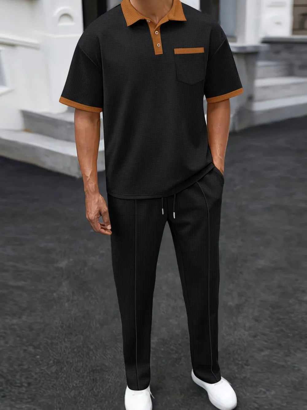 Men's Full Size Waffle-Knit Contrast Polo and Pants Set Plus Size