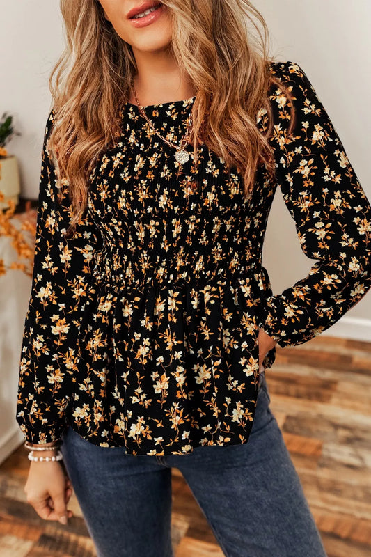 Floral Print Smocked Waist Long Sleeve Blouse