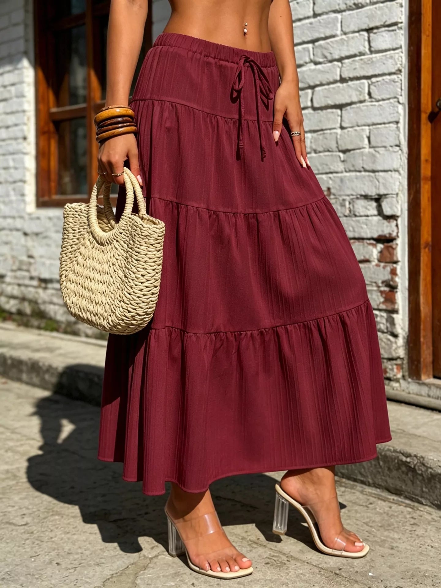 Tiered Maxi Skirt with Drawstring Waist