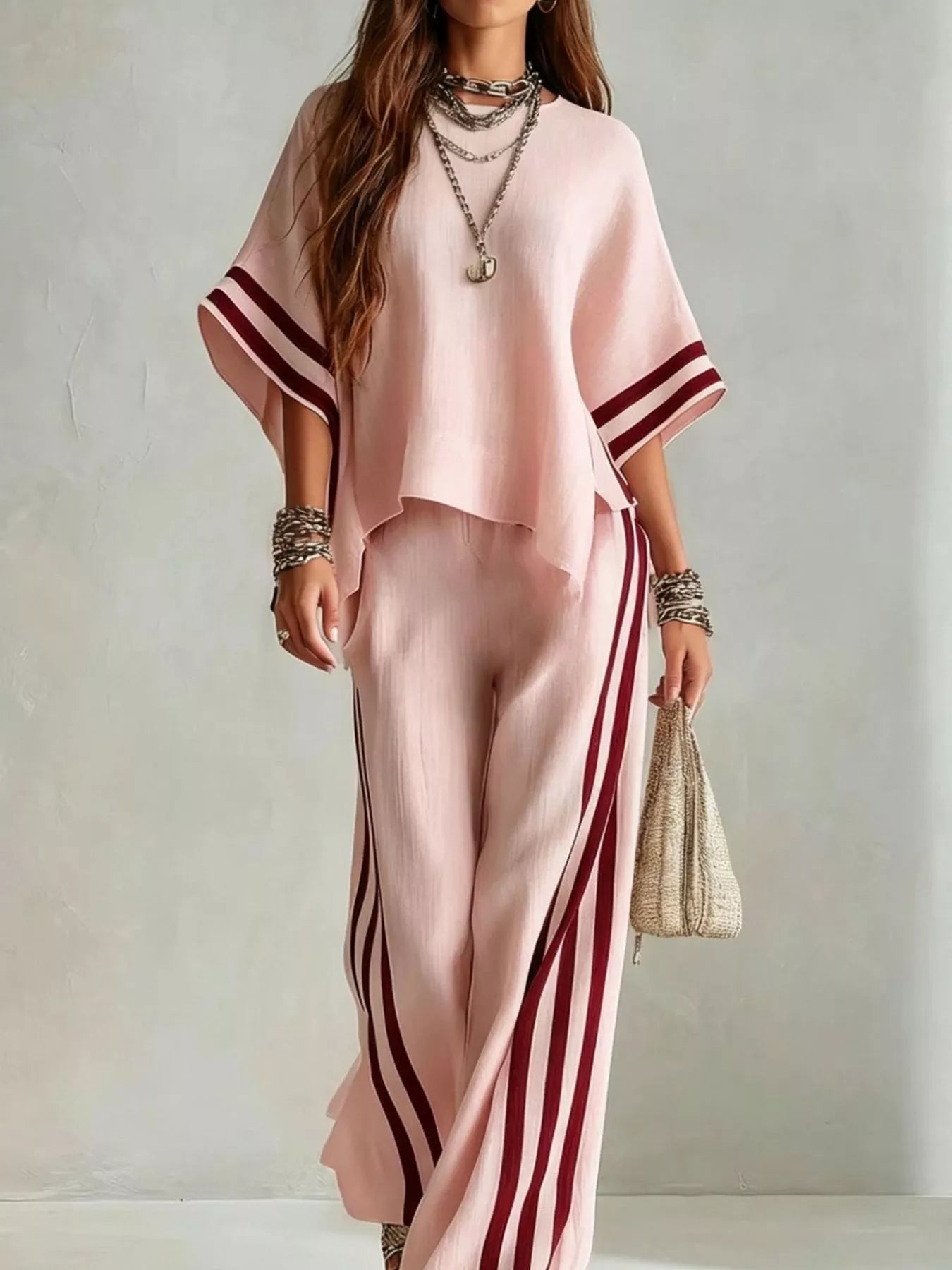 Full Size Striped 3/4 Sleeve Top and Pants Set Plus Size