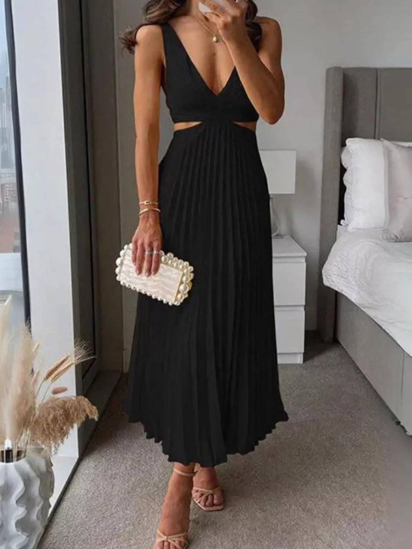Elegant Pleated Midi Dress with Cut-out Details