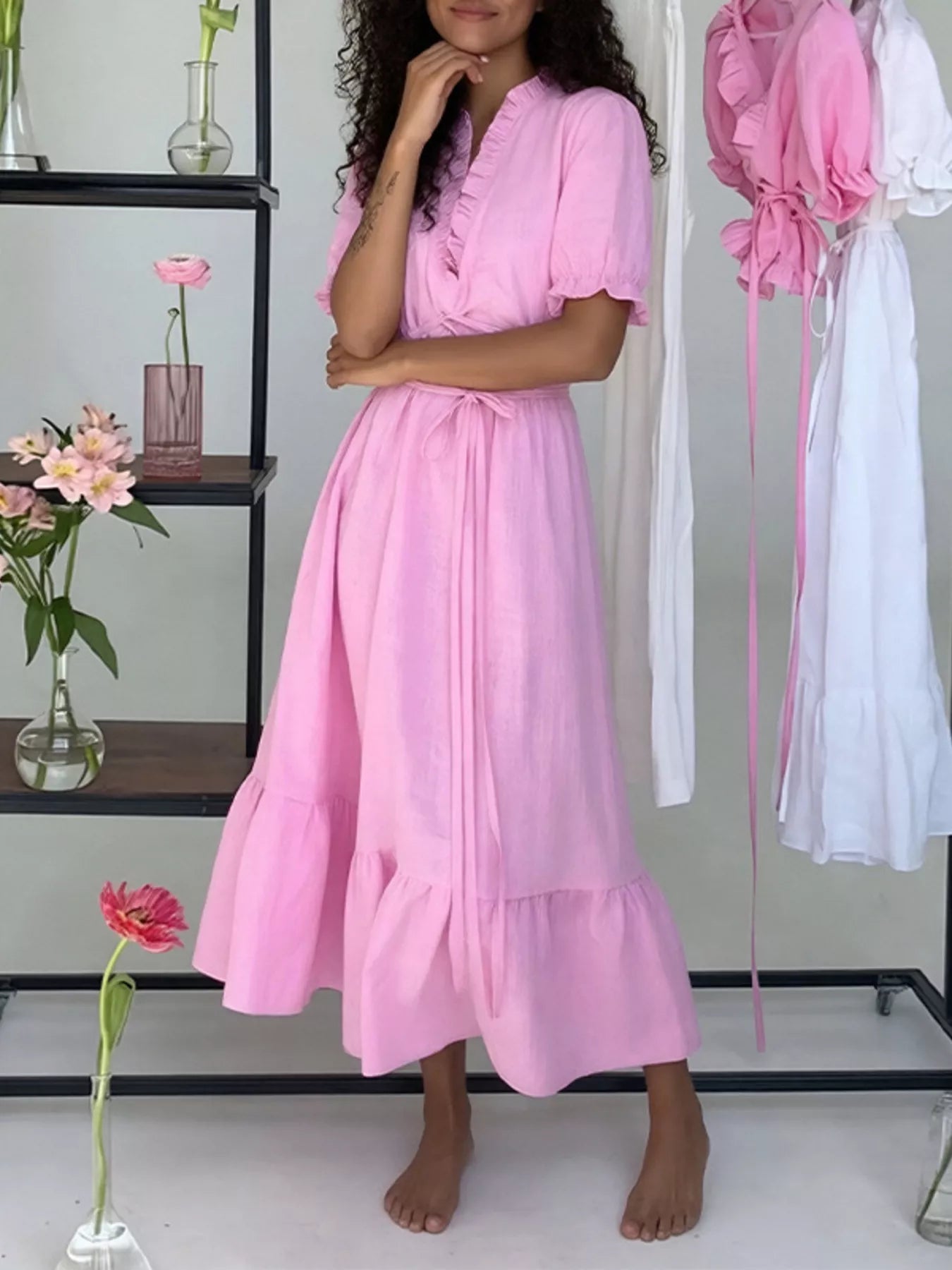 Full Size Puff Sleeve Ruffle Trim Maxi Dress Plus Size