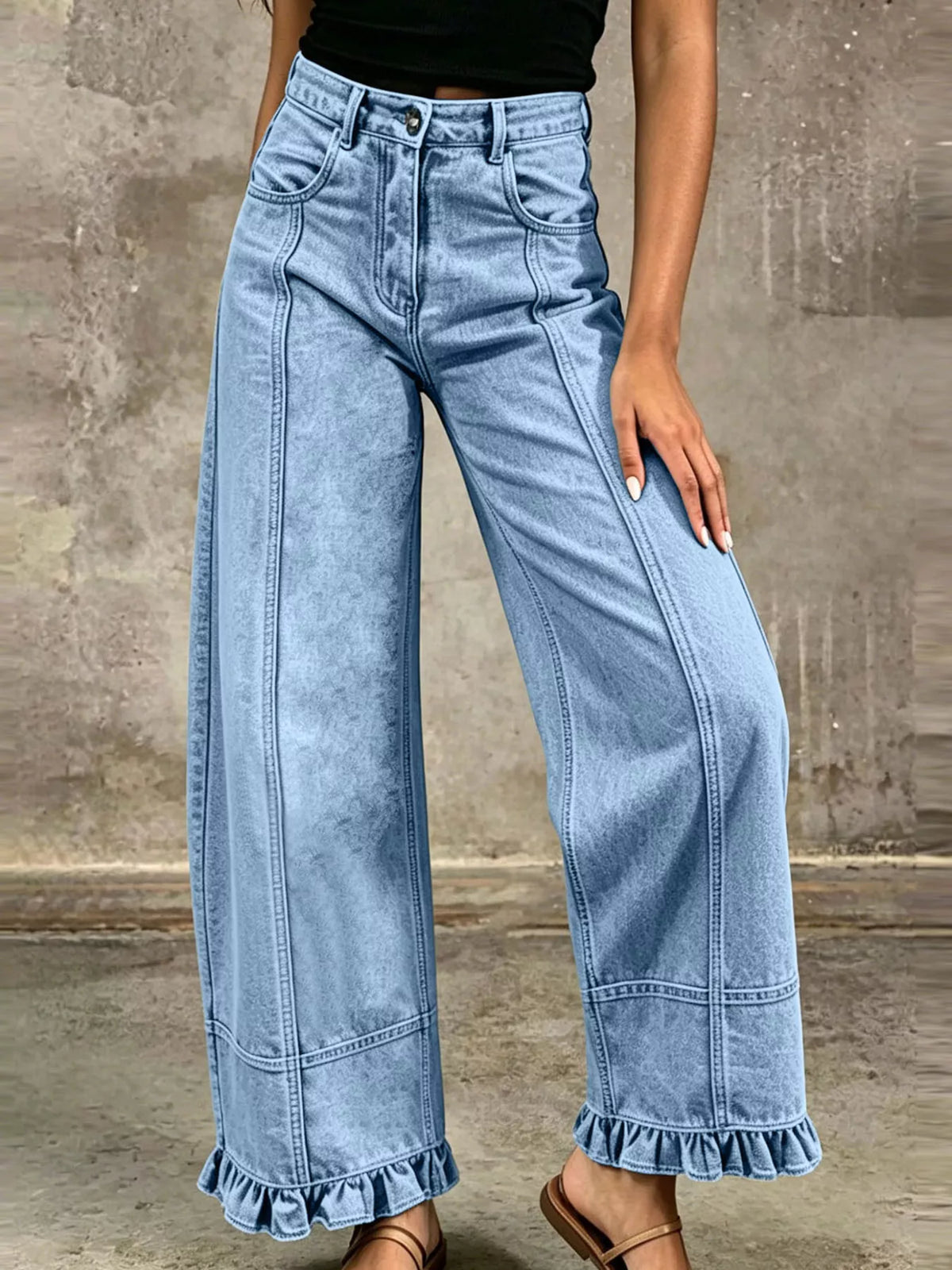 Full Size High-Waisted Wide-Leg Ruffled Hem Jeans Plus Size