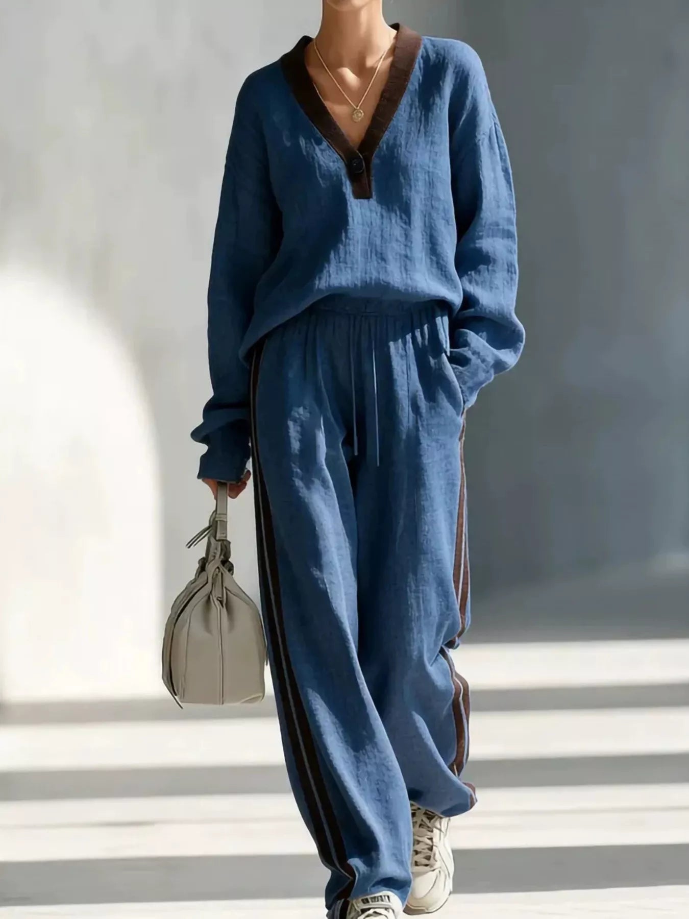Contrast V-Neck Top and Striped Pants Set