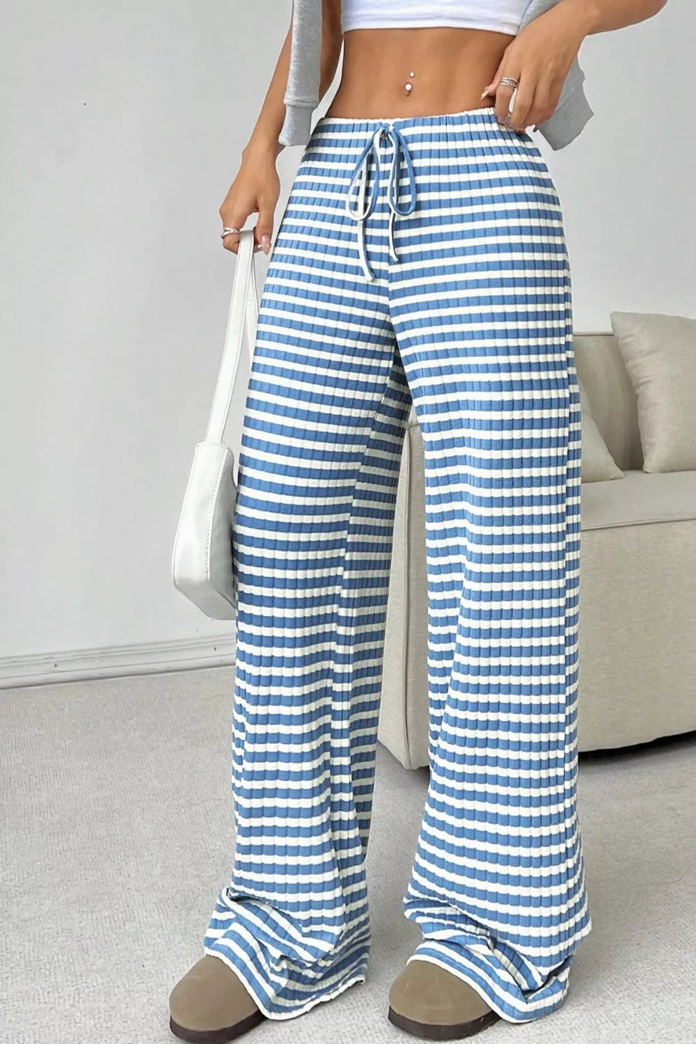 Ribbed Knit Drawstring Wide Leg Pants