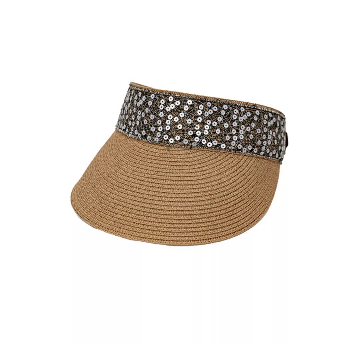 Sequined Visor Sun Hat with Ribbon Tie